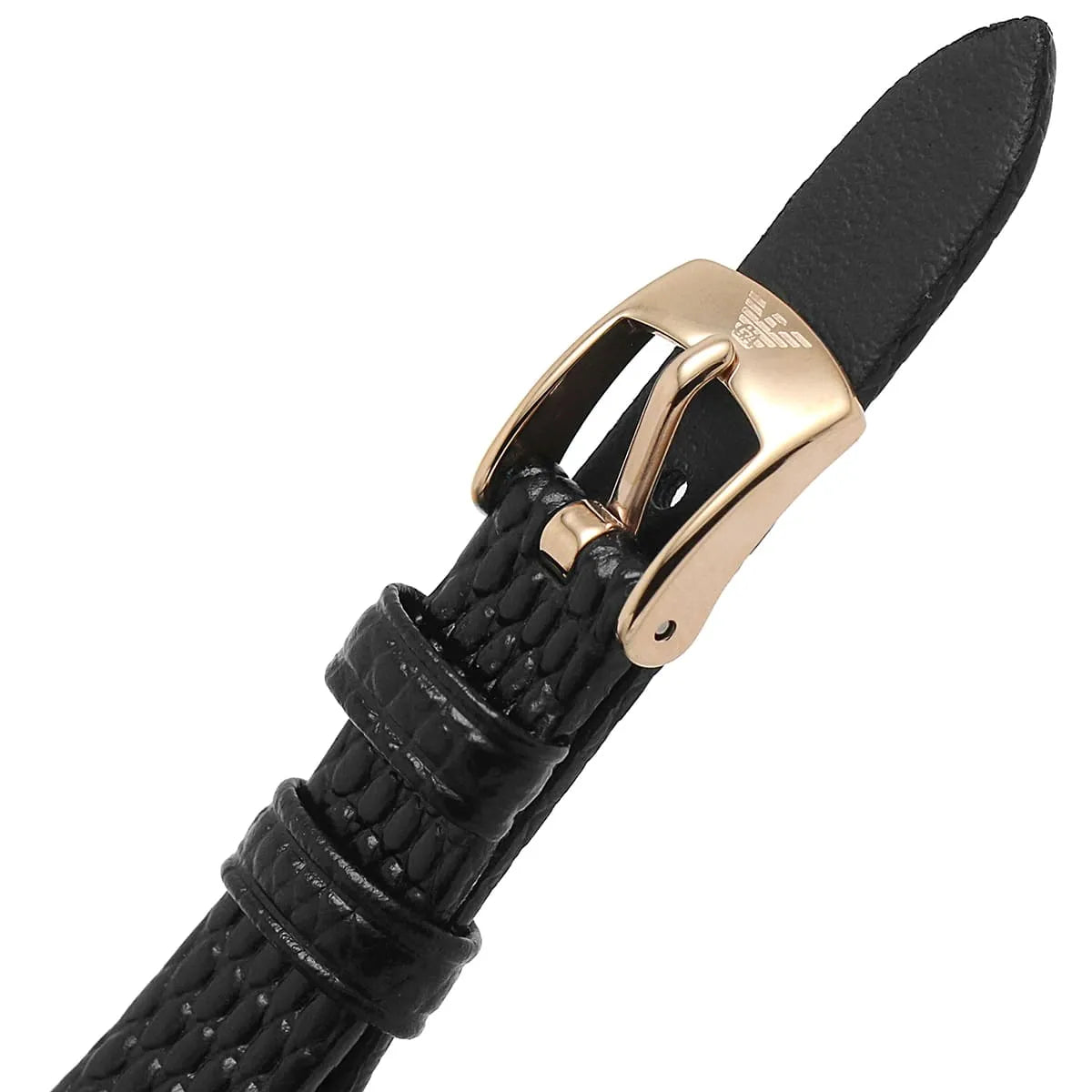 Black quilted leather strap of Emporio Armani AR11485 with rose gold buckle and deployment clasp