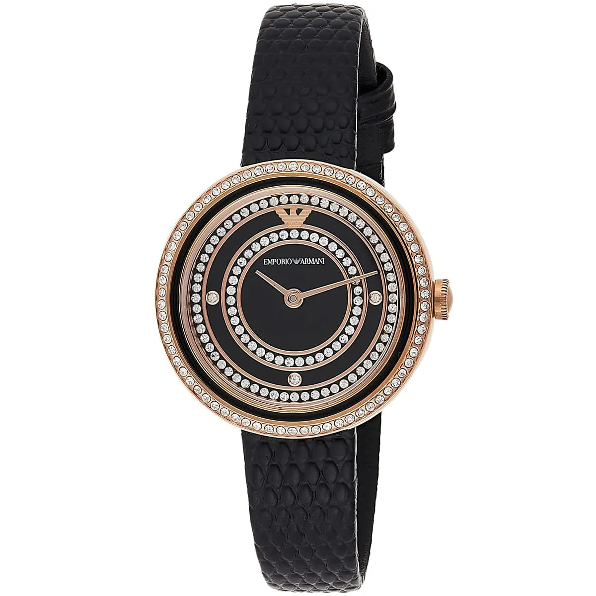 Emporio Armani Rosa watch with crystal-set rose gold case and black leather strap