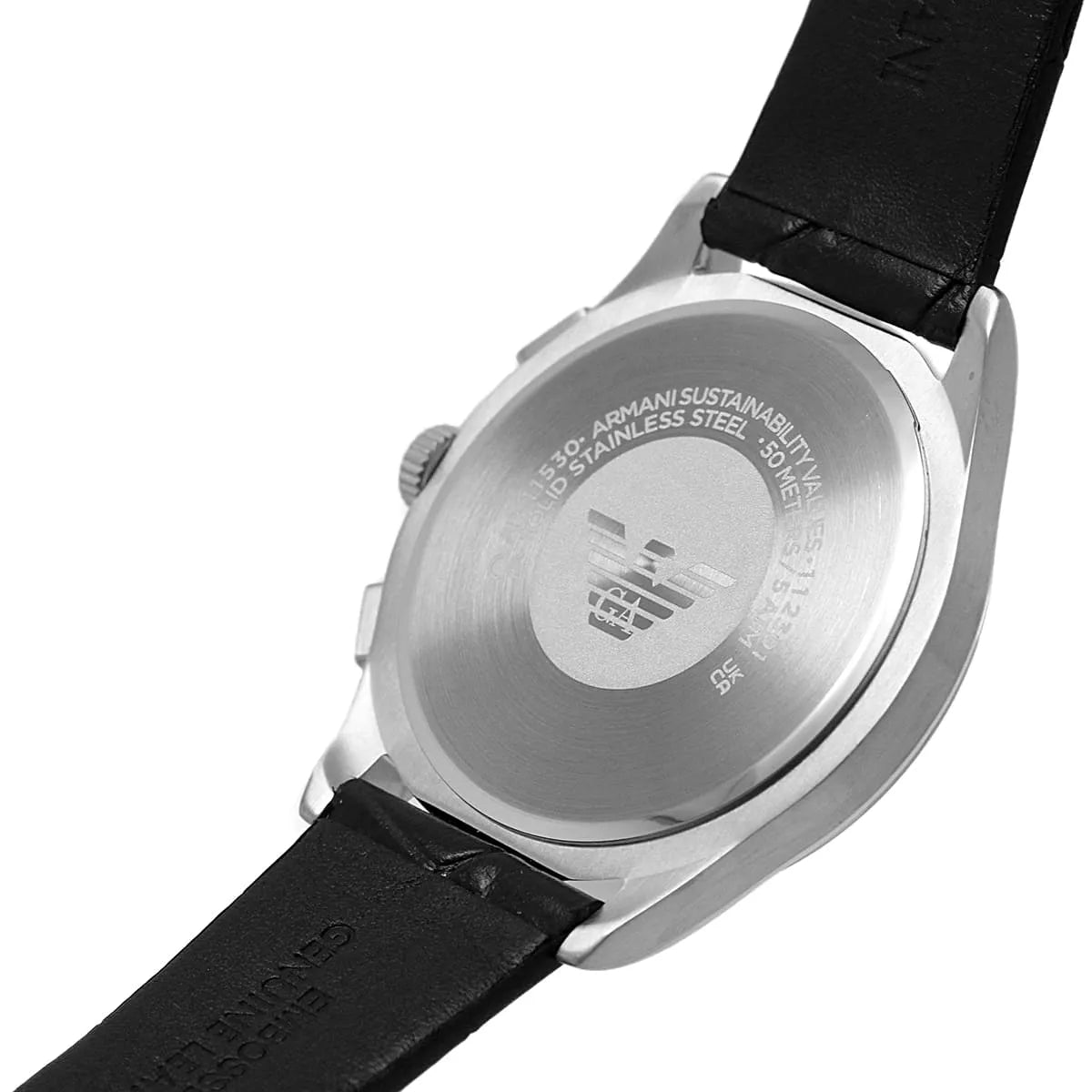 Stainless steel caseback engraved with Emporio Armani branding and specifications