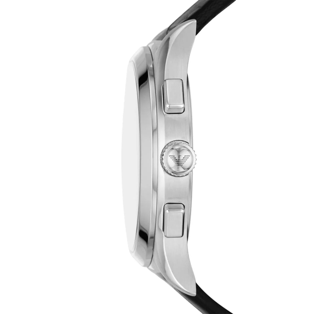 Paolo watch side profile showing silver stainless steel case and chronograph pushers