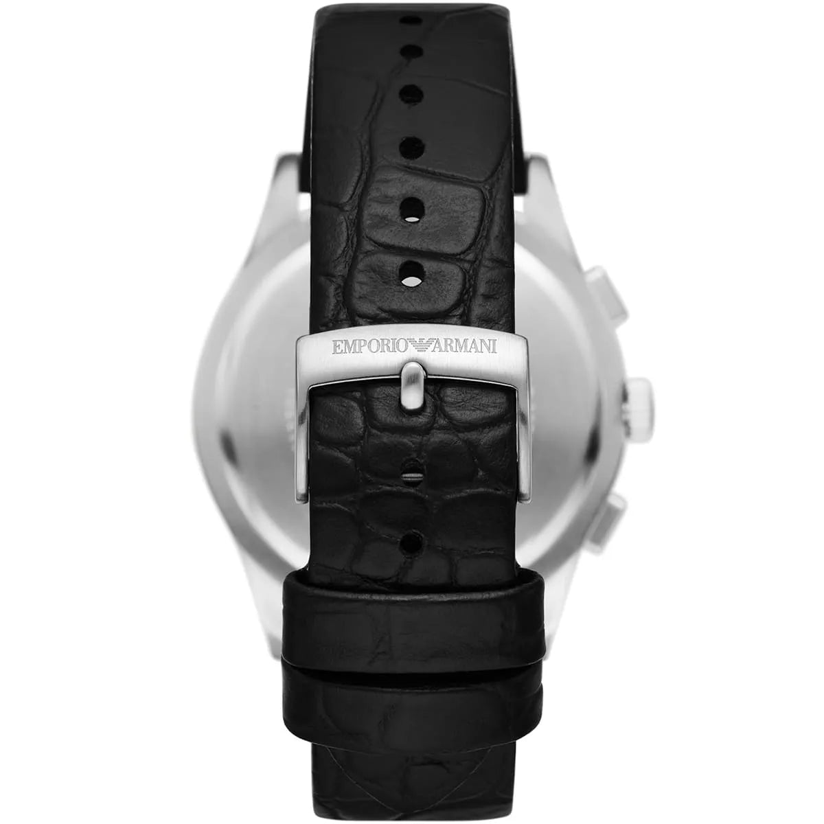 Black croc-embossed leather strap with Emporio Armani branded silver buckle and keeper
