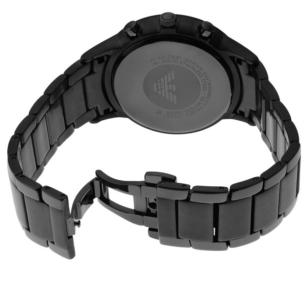 Caseback of AR11531 showing Emporio Armani branding and specifications on gunmetal stainless steel