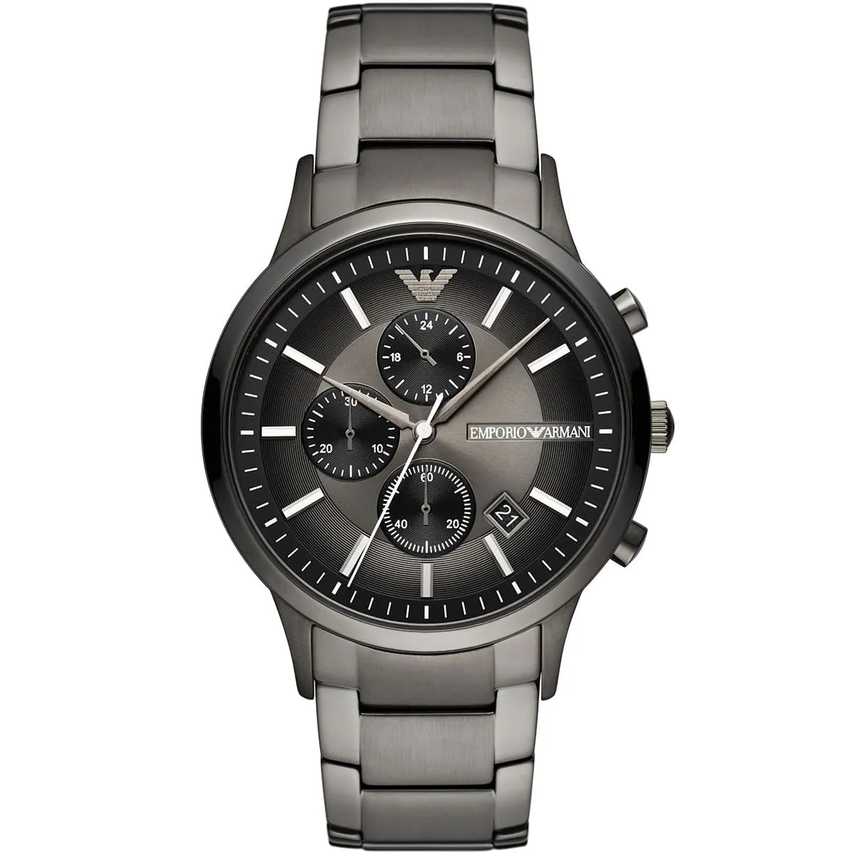 Emporio Armani AR11531 chronograph watch with gunmetal case, gray dial, and stainless steel bracelet