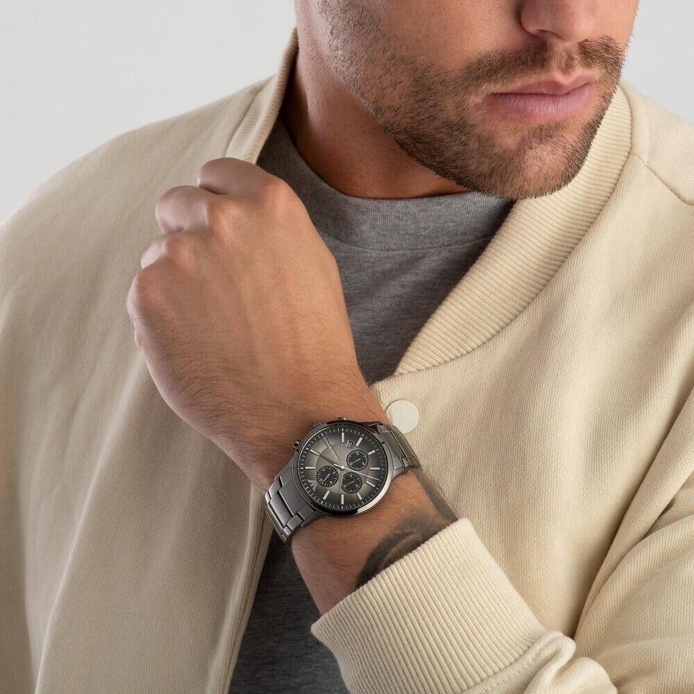 AR11531 Emporio Armani chronograph watch worn on wrist with gray dial and metal bracelet