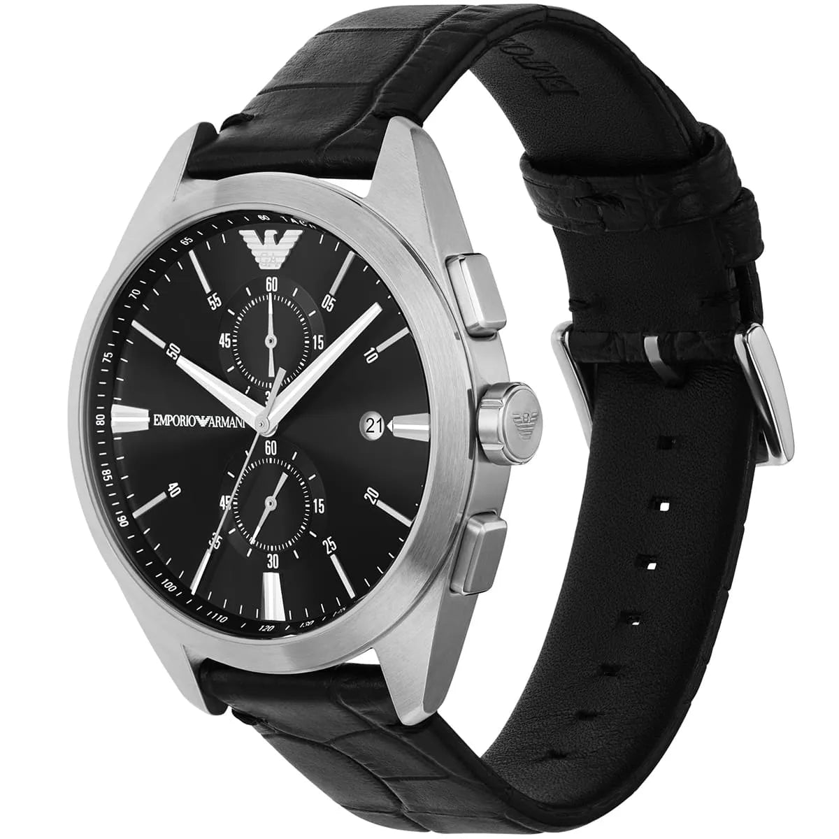 Emporio Armani Claudio chronograph men's watch in stainless steel with black leather strap, angled side view