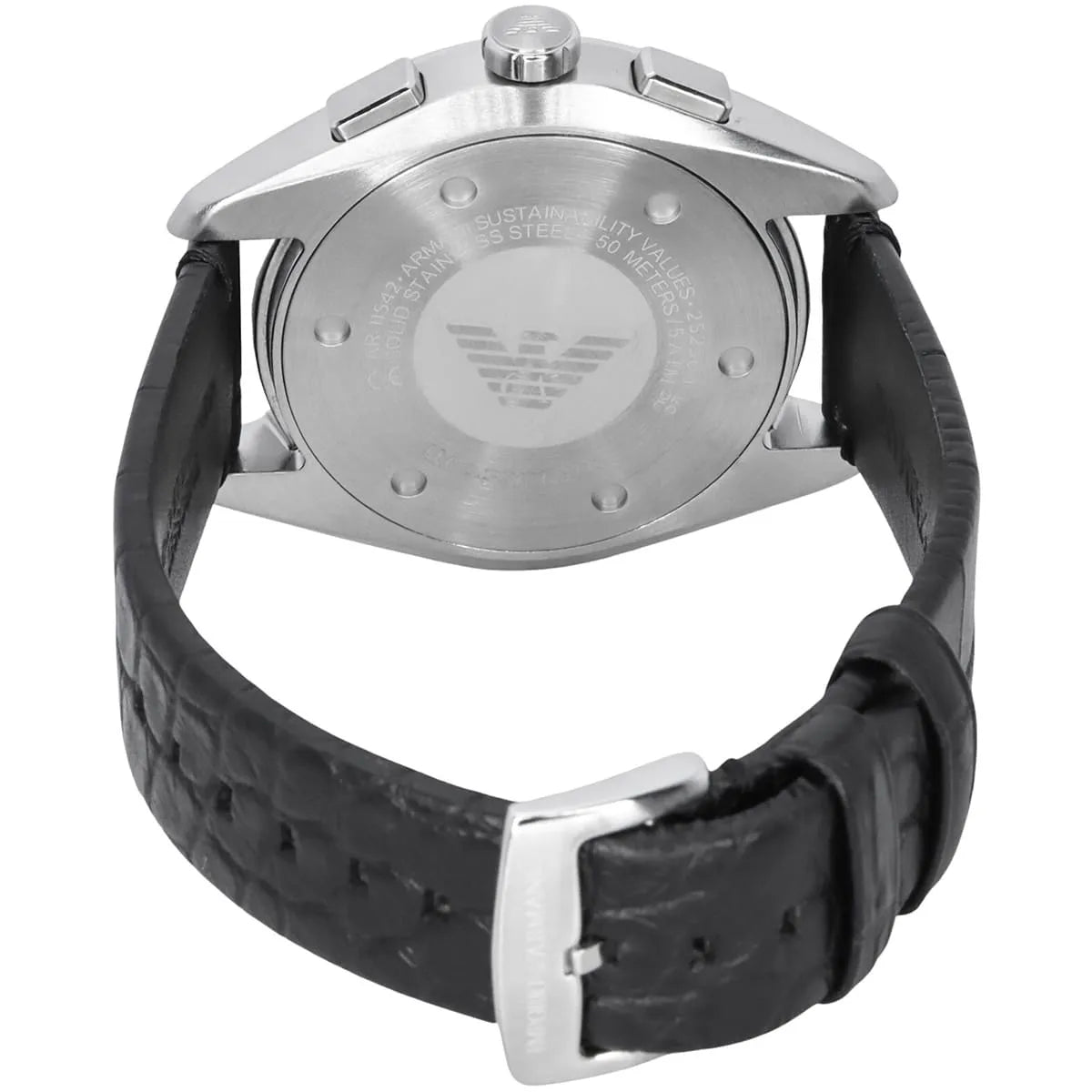Emporio Armani Claudio chronograph watch caseback with logo and leather strap detail
