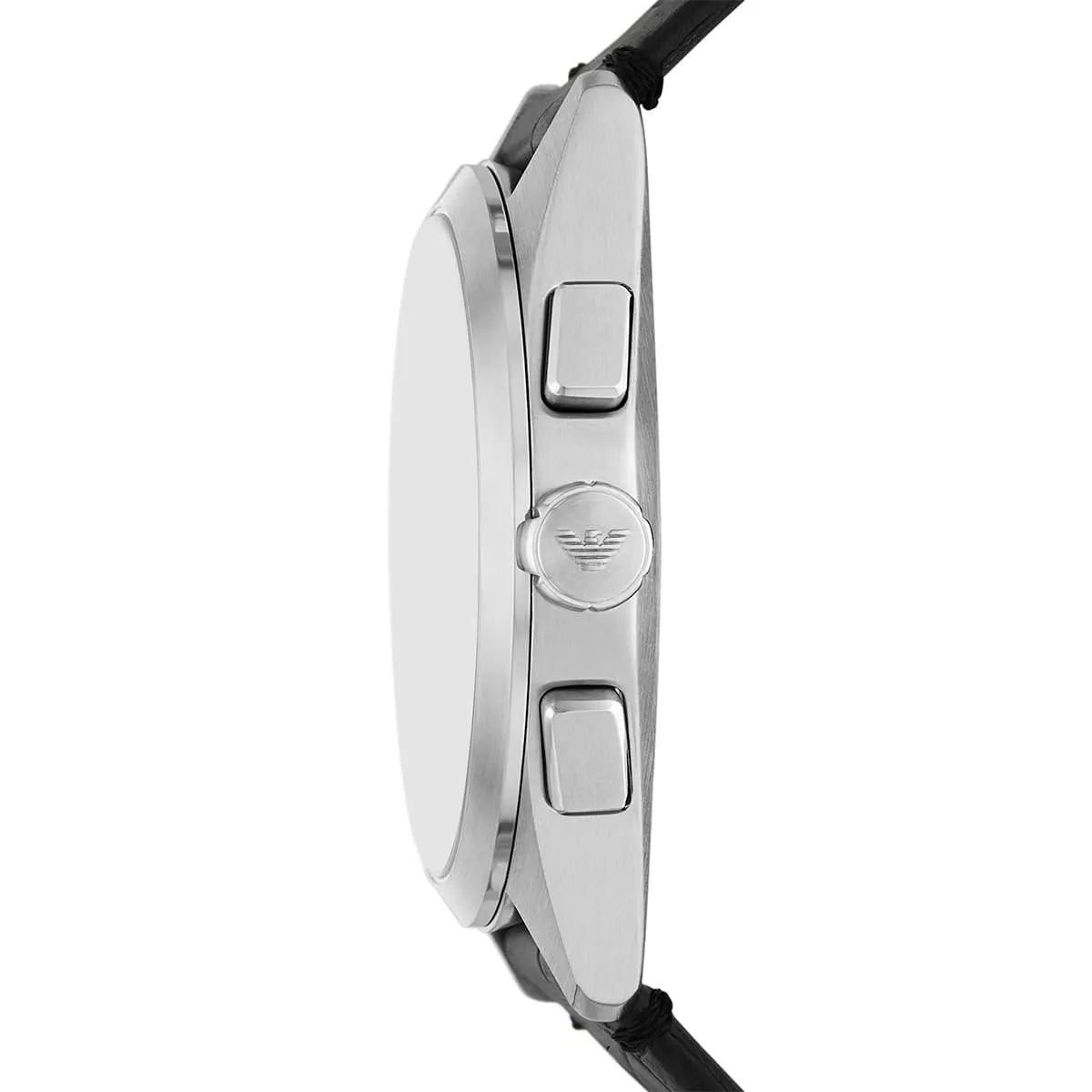 Emporio Armani Claudio chronograph watch side profile with black leather strap