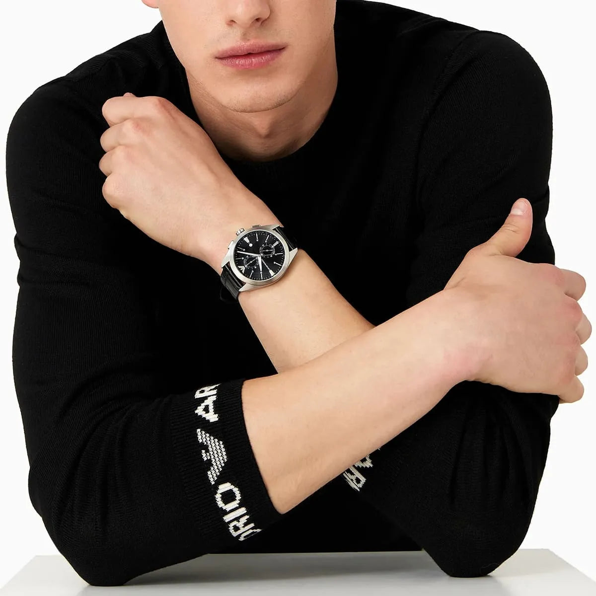 Emporio Armani Claudio black dial chronograph watch worn on wrist