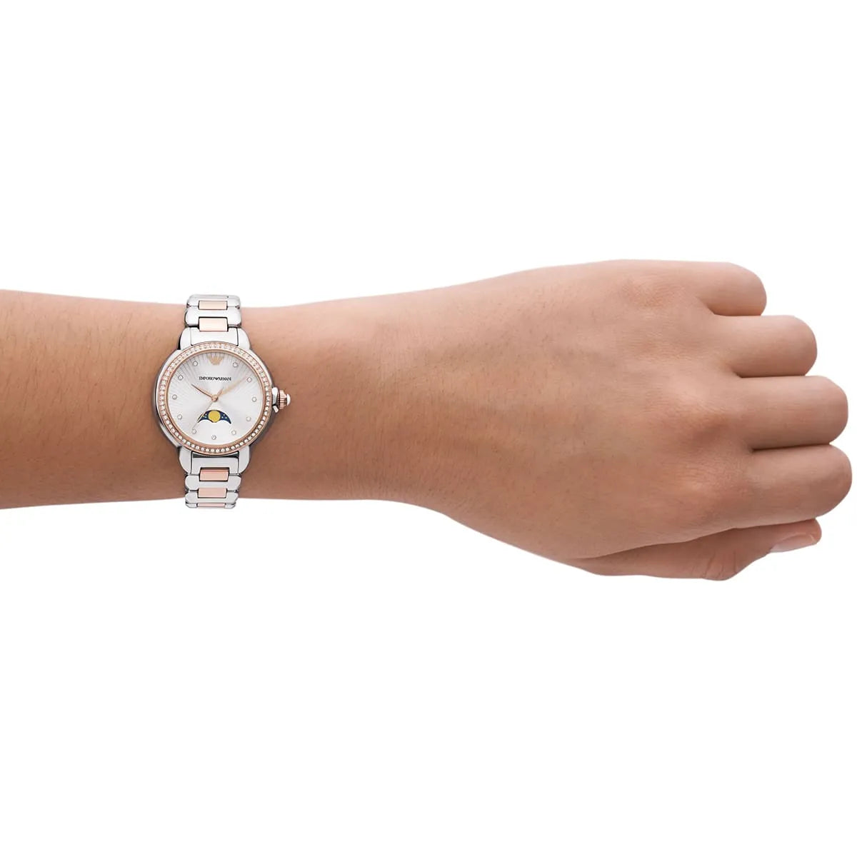 AR11567 Emporio Armani women's watch worn on wrist showing two-tone design and fit