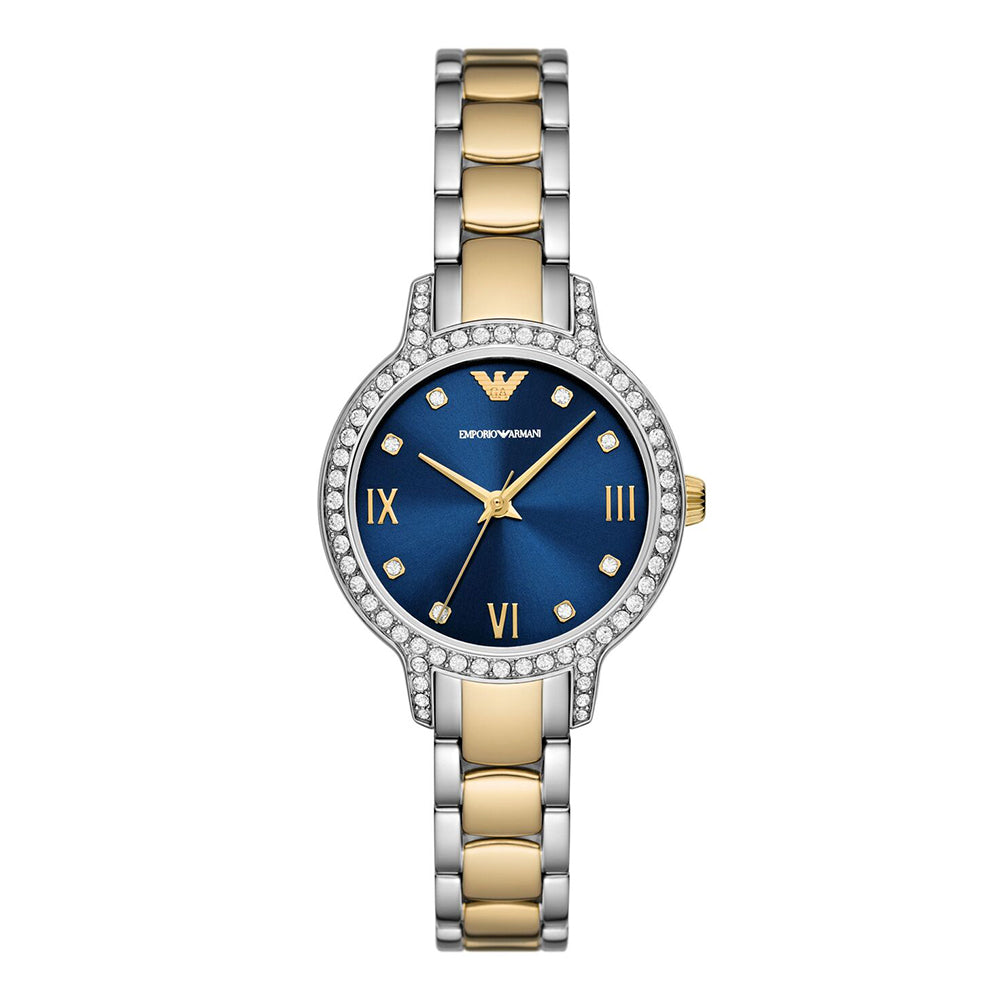 Emporio Armani Cleo women's watch with blue dial, Roman numerals, and crystal-set bezel, two-tone steel and gold bracelet