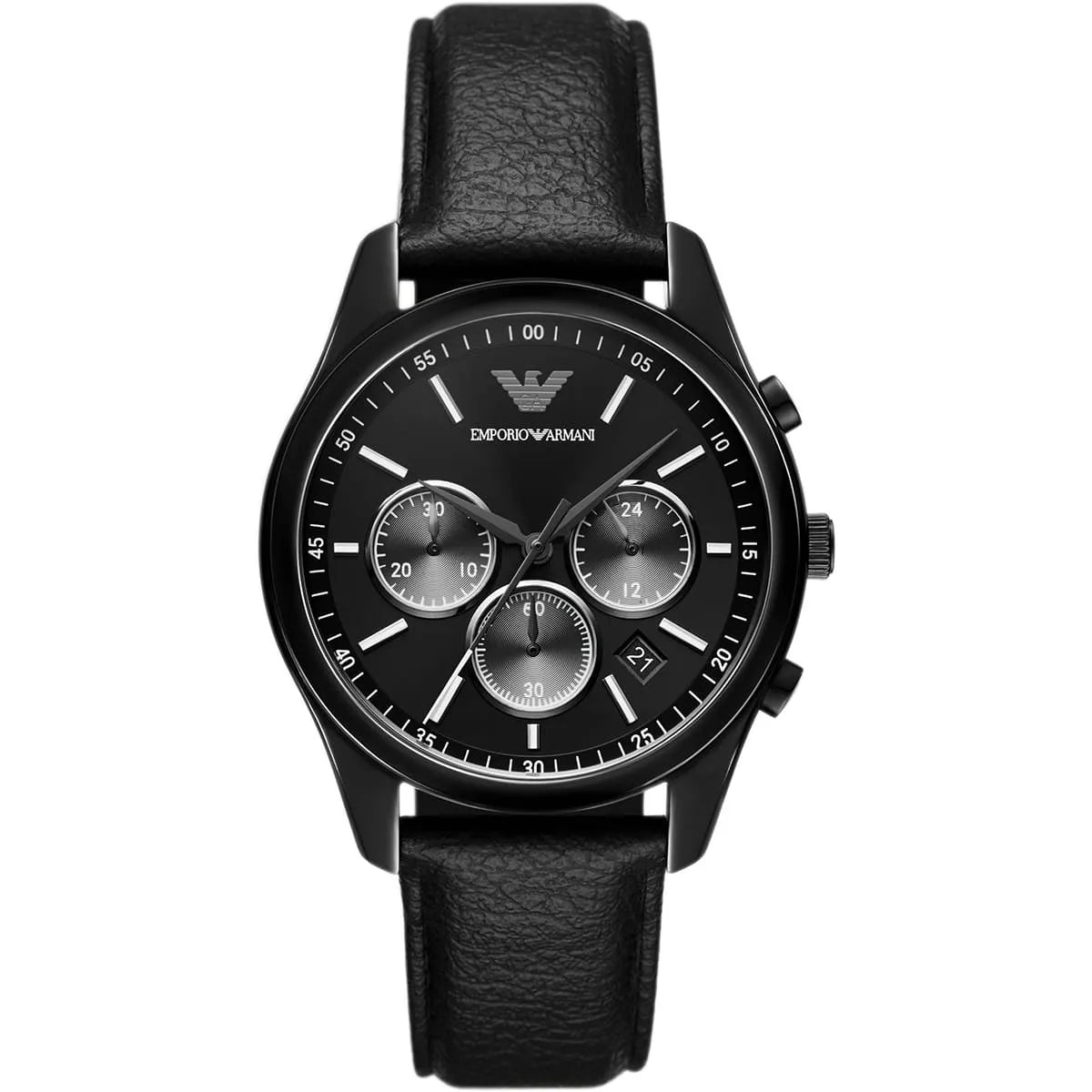 Emporio Armani AR11583 chronograph watch with black dial and three subdials on black leather strap