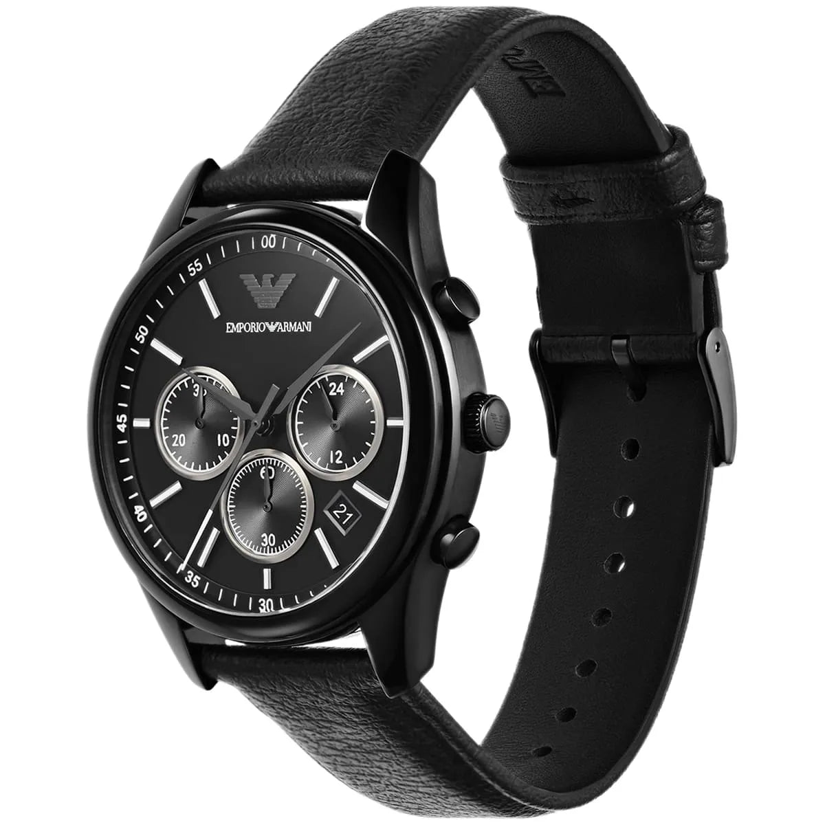 Emporio Armani AR11583 three-eye chronograph watch shown at angle with black leather strap