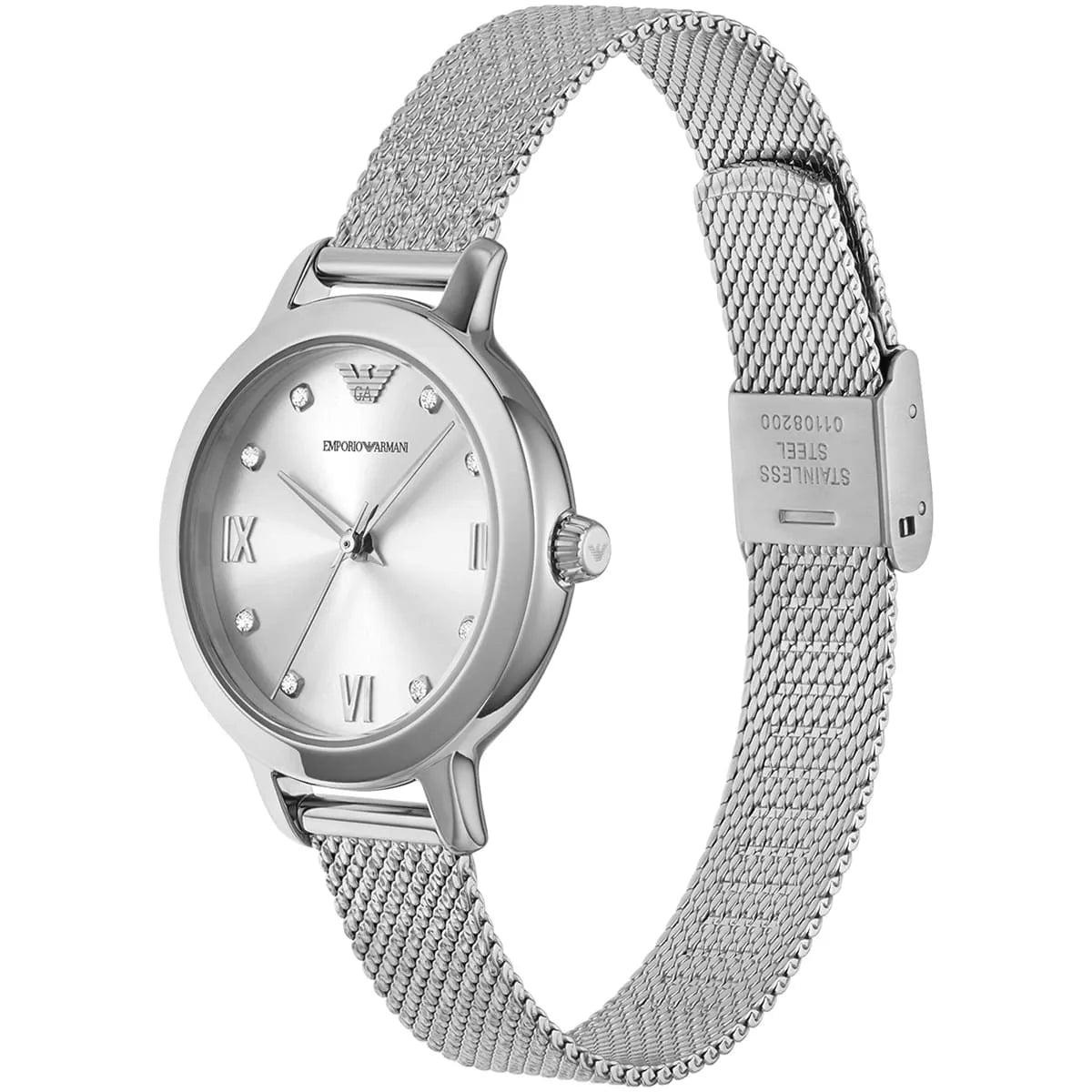 Emporio Armani AR11584 watch shown at angle with mesh bracelet closure detail