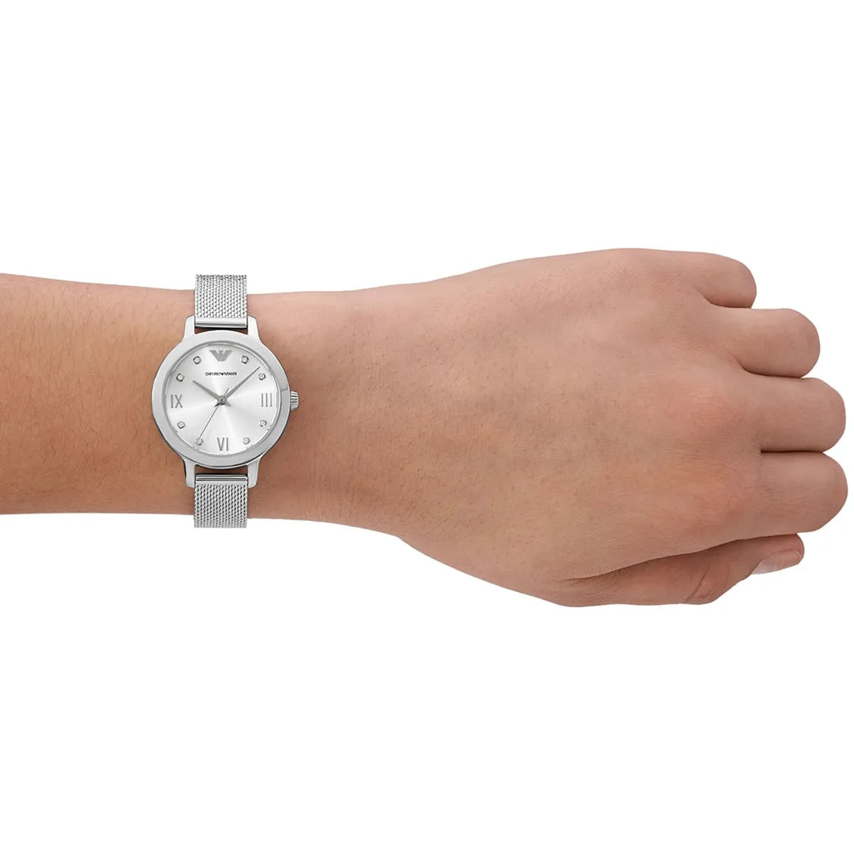 Side view of Emporio Armani 32mm women's watch showing thin profile and mesh band