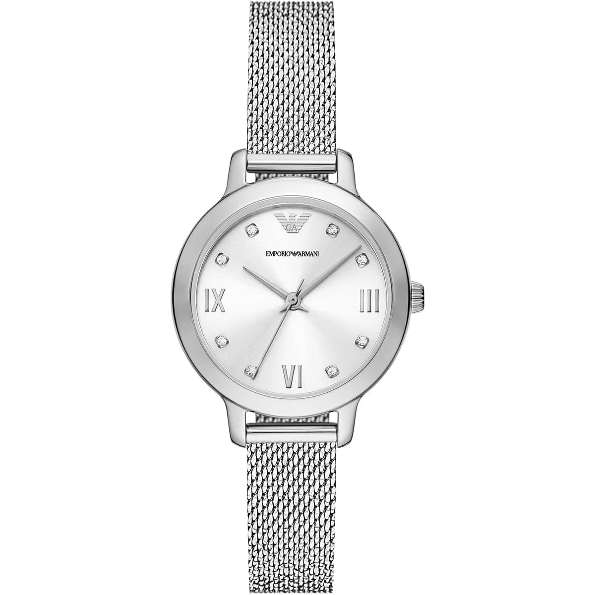 Emporio Armani 32mm women's watch with silver dial, Roman numerals, and stainless steel mesh bracelet