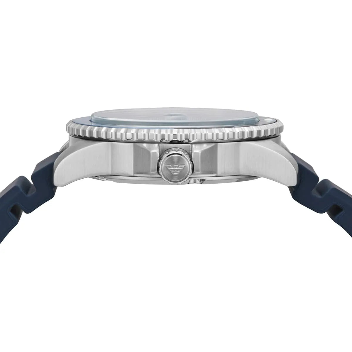 AR11592 top view showing Emporio Armani watch crown and rotating bezel detail