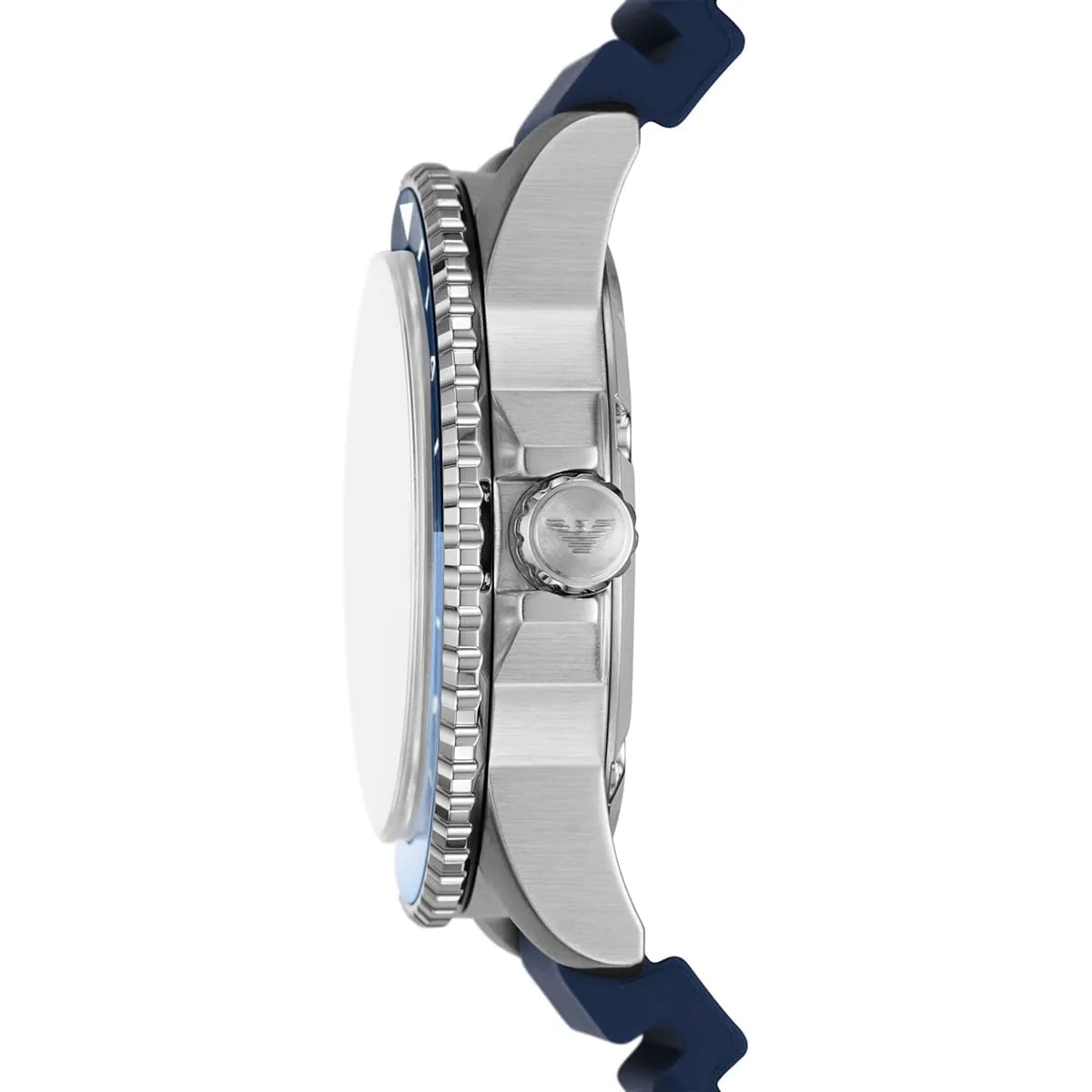 AR11592 side profile view of Emporio Armani watch with rotating GMT bezel and silicone strap