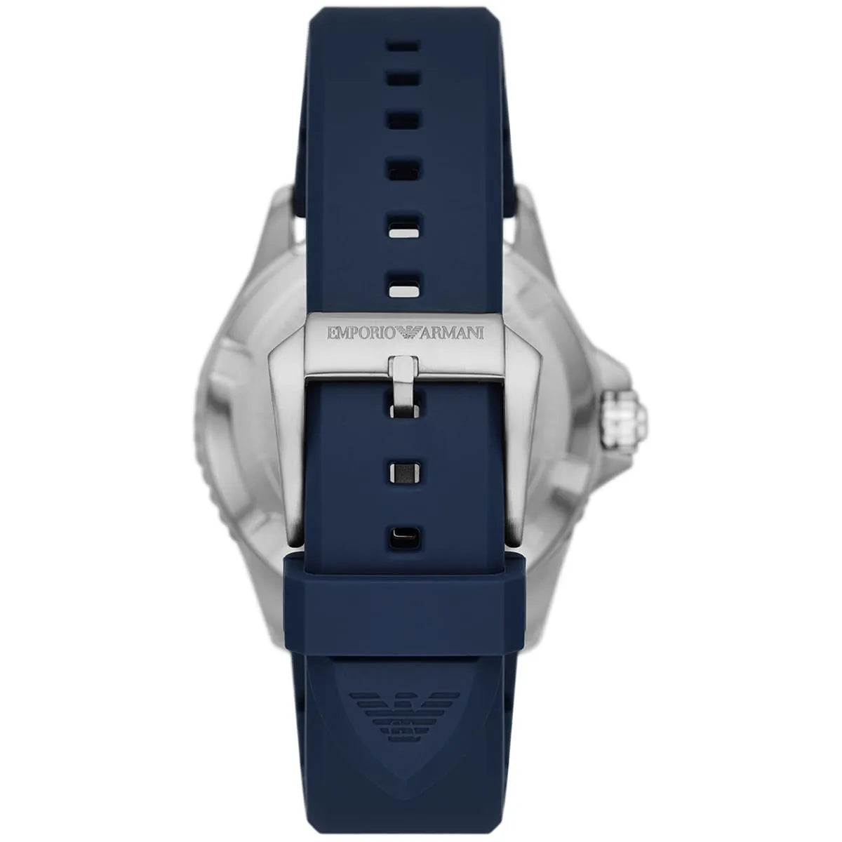 AR11592 navy silicone strap with Emporio Armani engraving and stainless steel deployment clasp