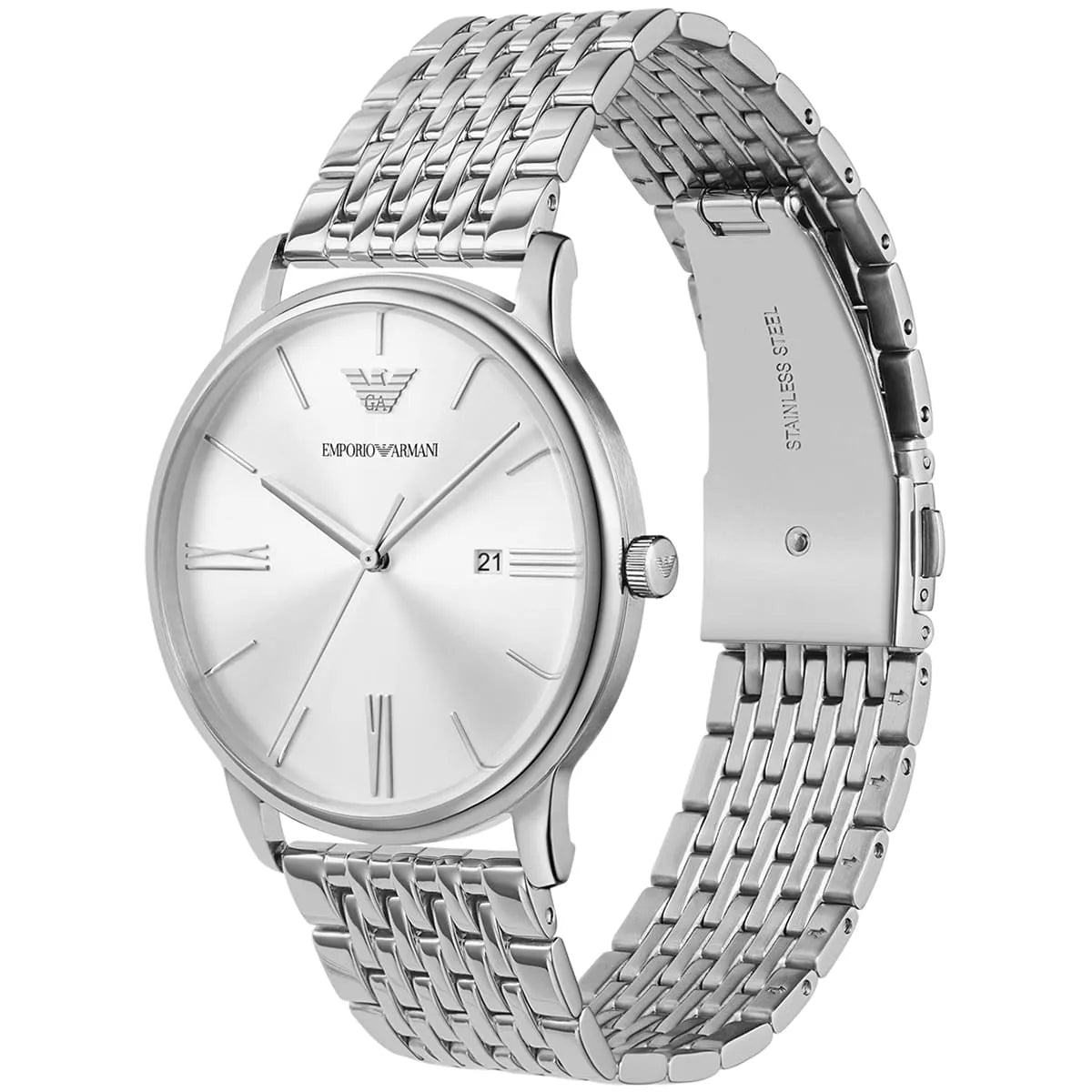 AR11599 Emporio Armani watch at angle showing dial and metal bracelet detail