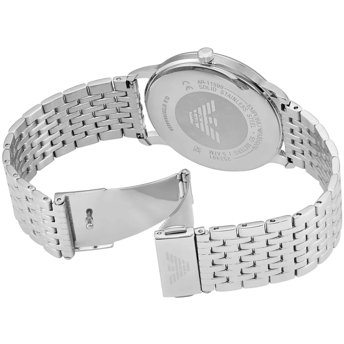 AR11599 Emporio Armani watch caseback showing stainless steel and Emporio Armani logo