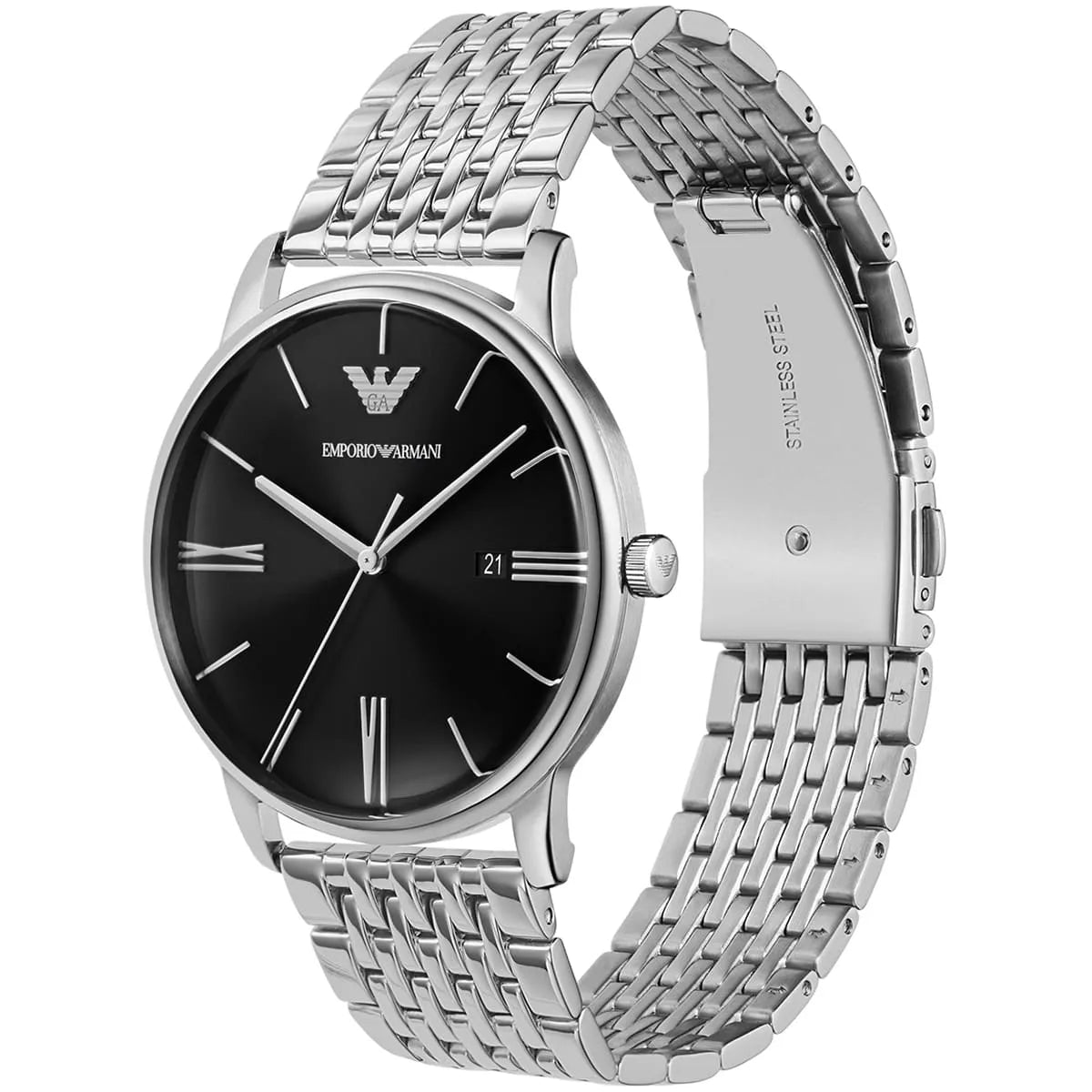 Emporio Armani AR11600 watch at angle showing black dial, silver metal bracelet, and date window