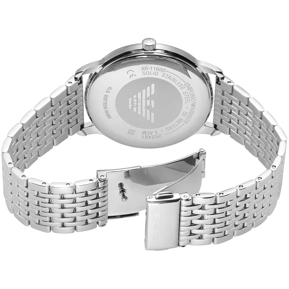 Emporio Armani AR11600 stainless steel caseback with engravings and bracelet