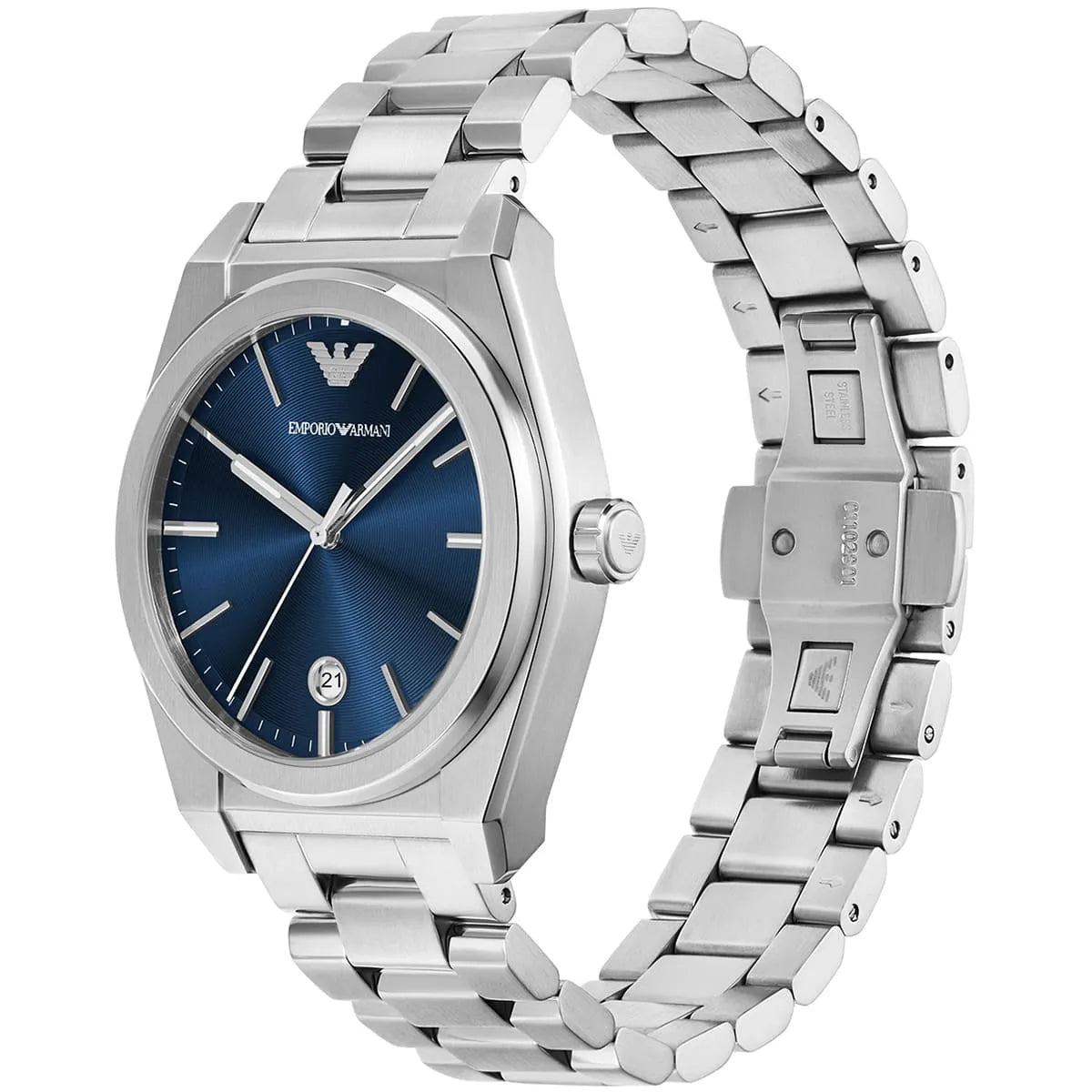 Emporio Armani Federico watch at angle showing blue sunburst dial and metal bracelet