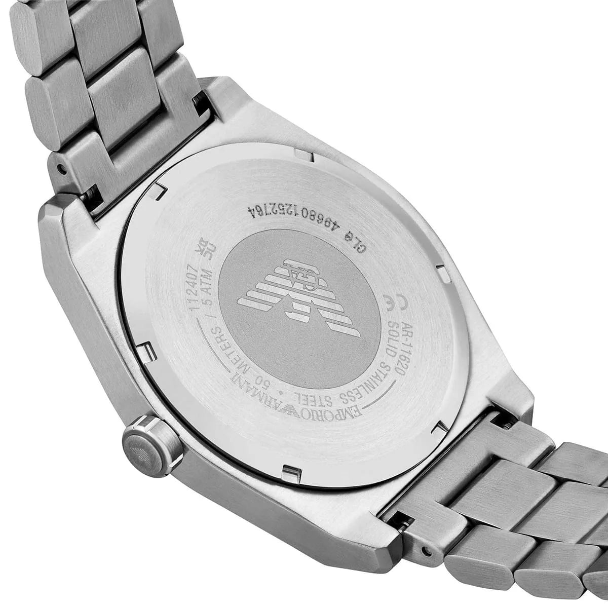 Emporio Armani Federico case back with Armani eagle logo and engraved text