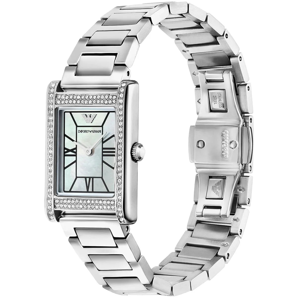 Emporio Armani Empire AR11625 side view showing rectangular case with crystal-set bezel and silver metal bracelet