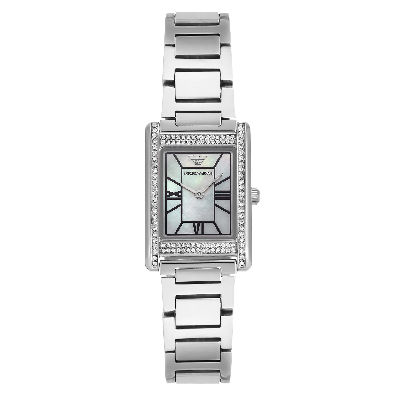 Emporio Armani Empire AR11625 rectangular mother of pearl dial with crystal bezel and silver metal strap
