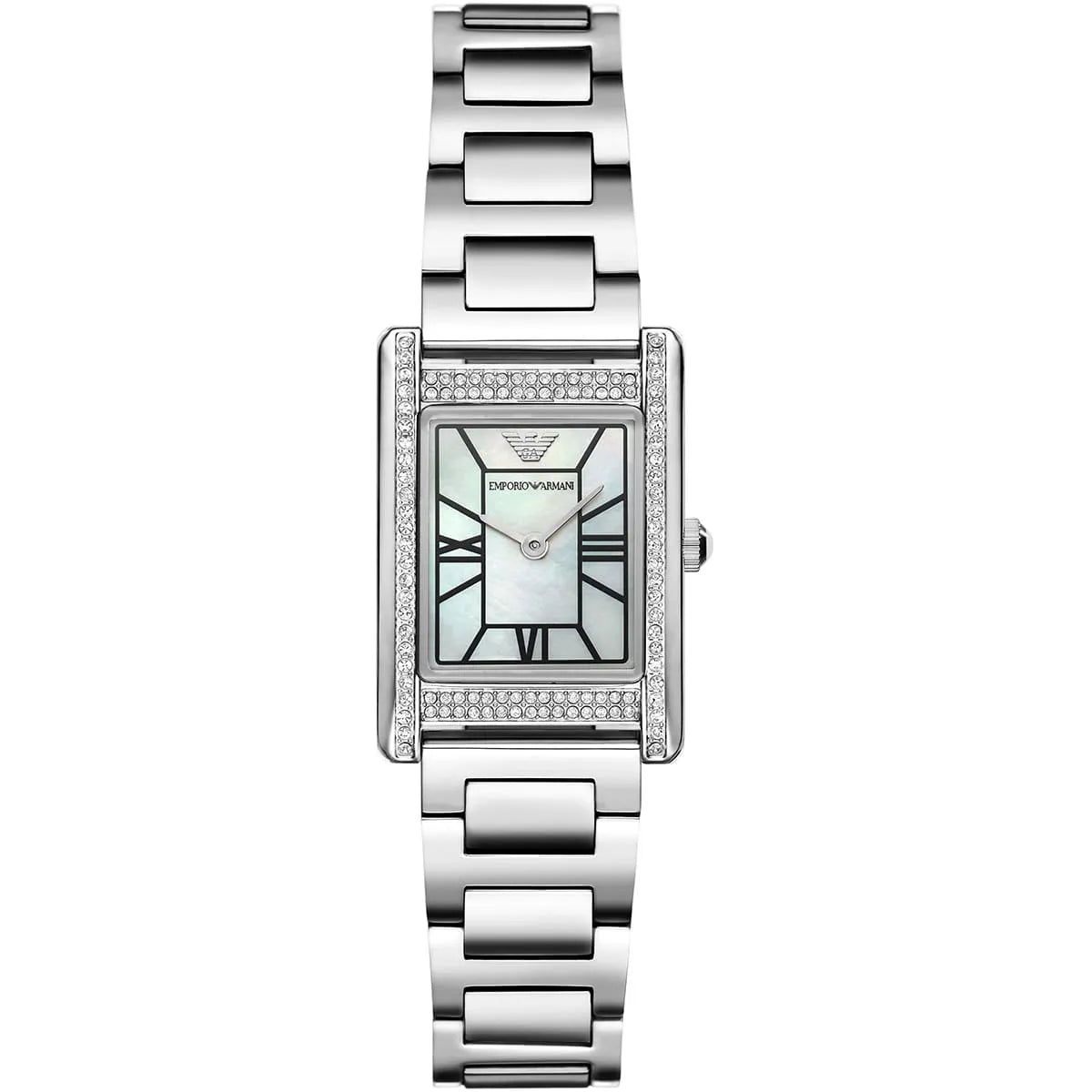 Emporio Armani Empire AR11625 women's watch with mother of pearl dial, Roman numerals, and crystal-set silver bezel
