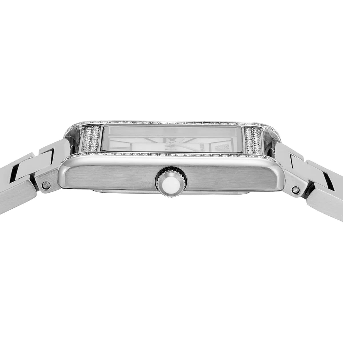 Emporio Armani Empire AR11625 side profile showing rectangular case with crystal bezel and crown detail