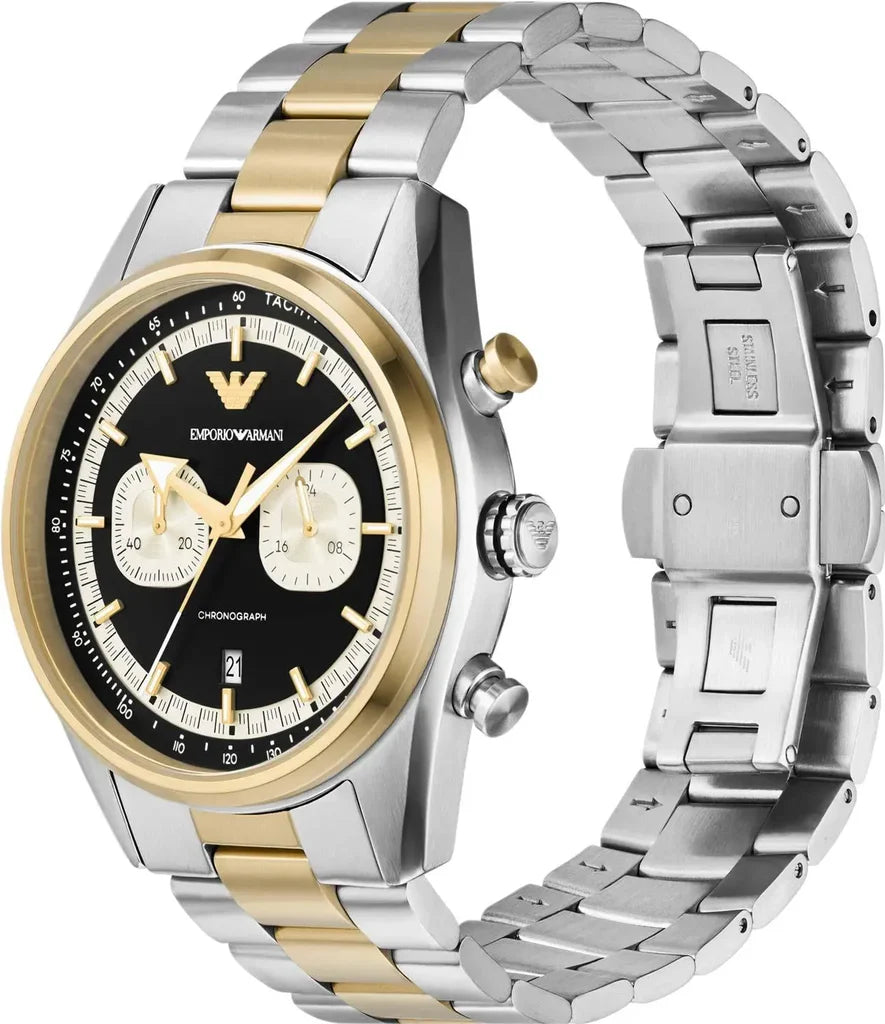 Side view of Emporio Armani Racer chronograph on wrist showing two-tone steel and gold design