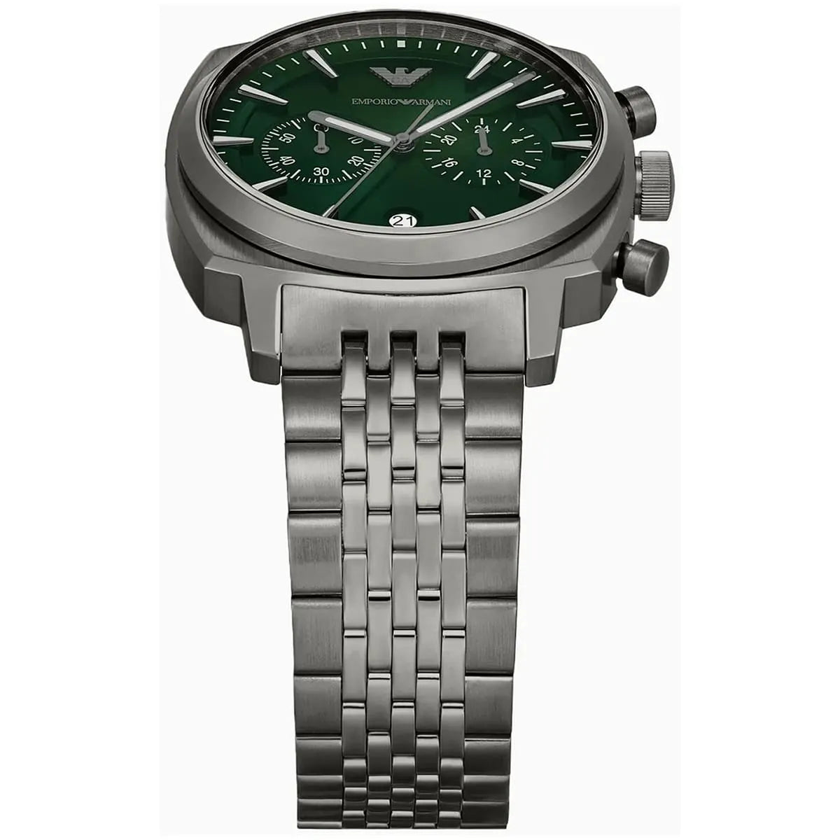 AR11689 Ruggero watch showing green dial with chronograph subdials and stainless steel bracelet at angle