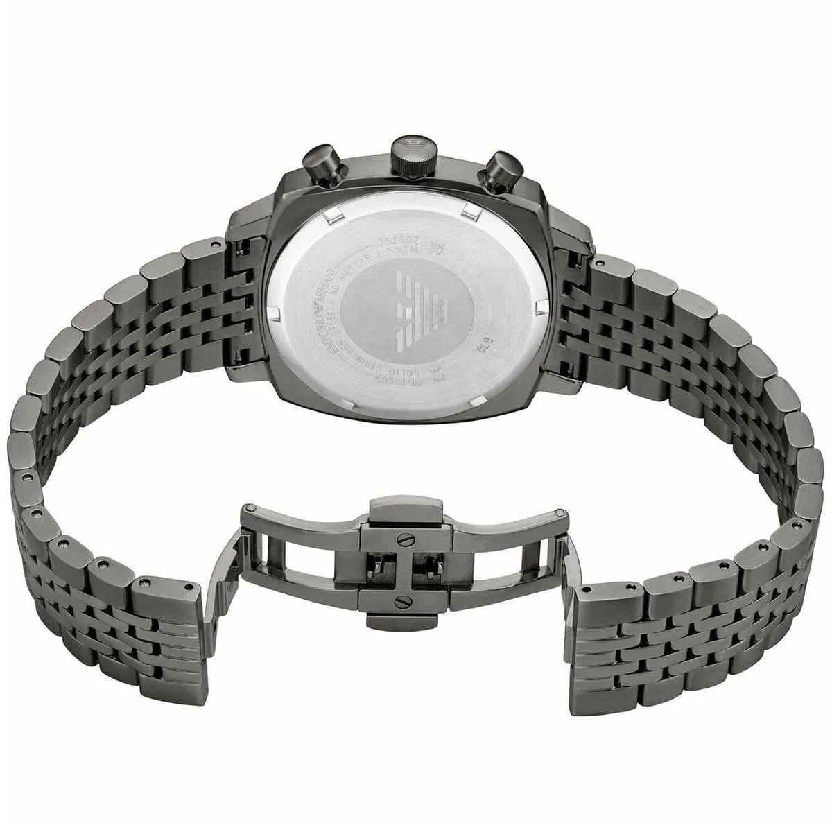 AR11689 Ruggero watch caseback with folding clasp and stainless steel bracelet strap detail