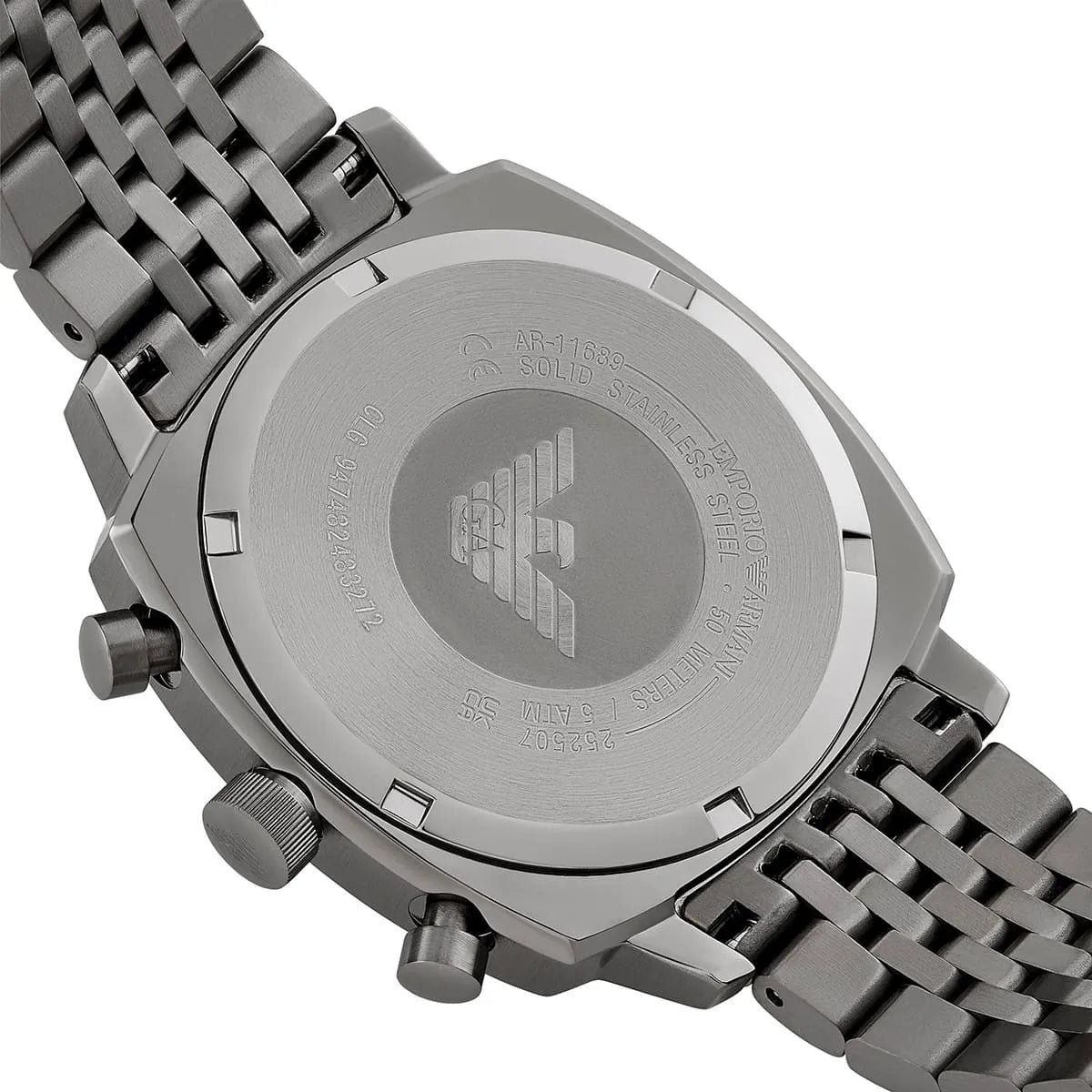 AR11689 Ruggero watch caseback showing Emporio Armani logo and watch specifications