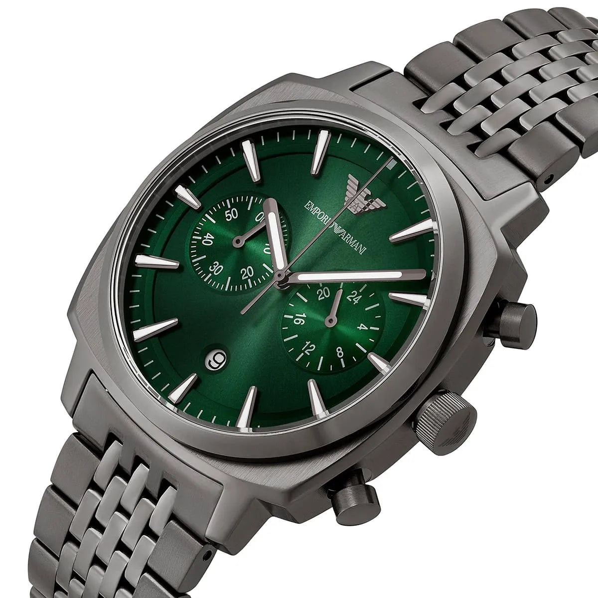 Emporio Armani Ruggero AR11689 chronograph watch with green dial worn on wrist