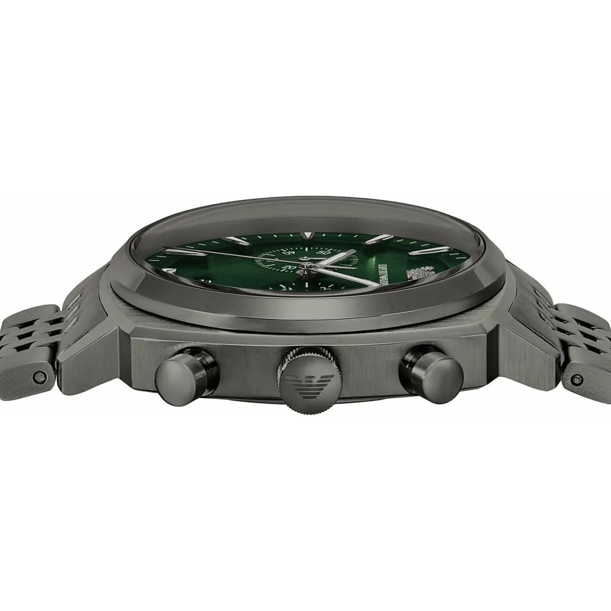 Emporio Armani Ruggero AR11689 showing side view with chronograph pushers and stainless steel case