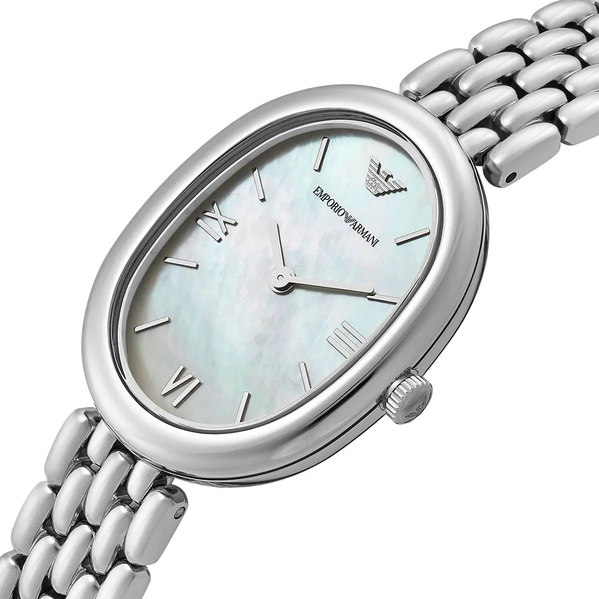 Emporio Armani AR11706 women's watch featuring mother-of-pearl dial, Roman numeral hour markers, and stainless steel bracelet