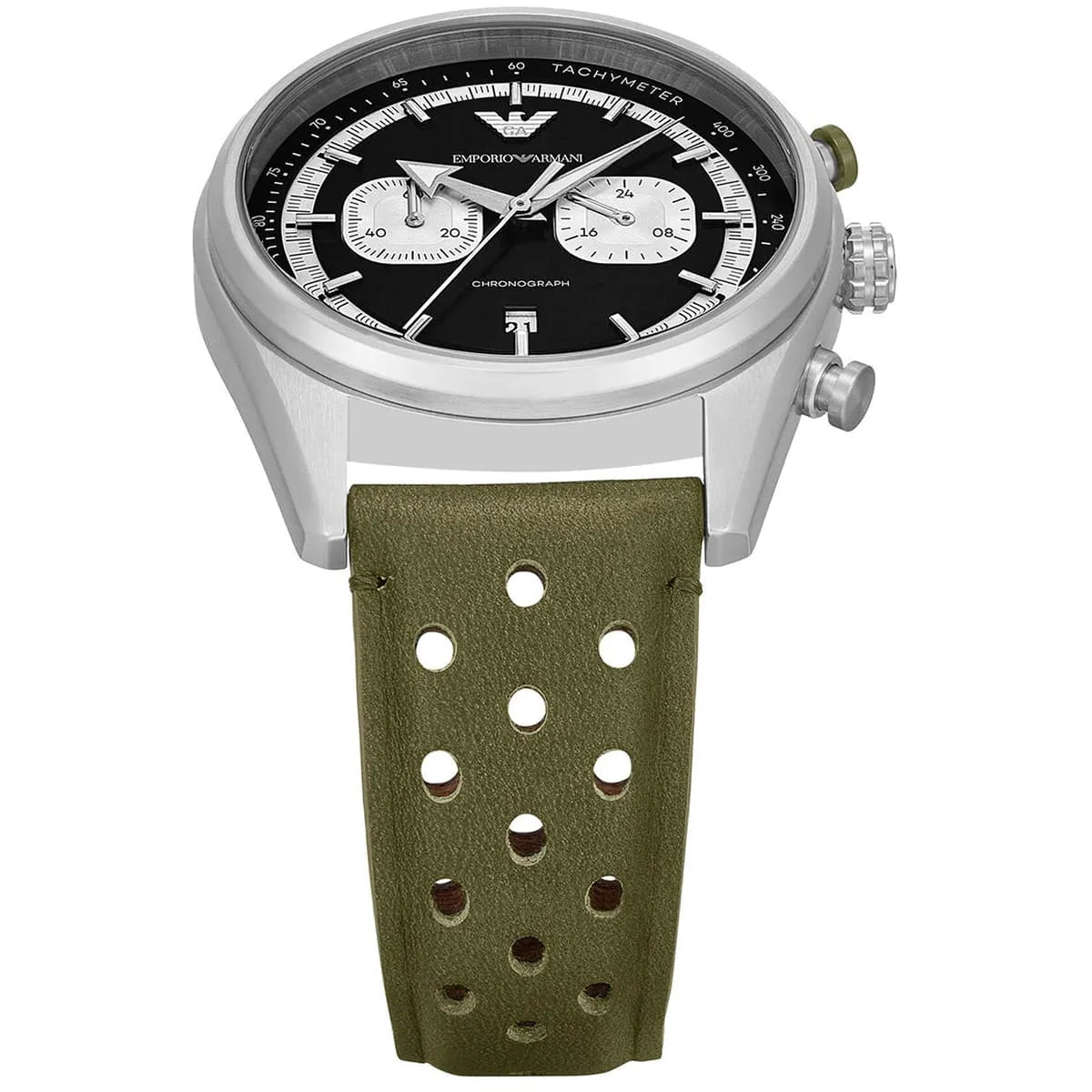 AR11709 watch face detail showing chronograph subdials, tachymeter scale, and date window