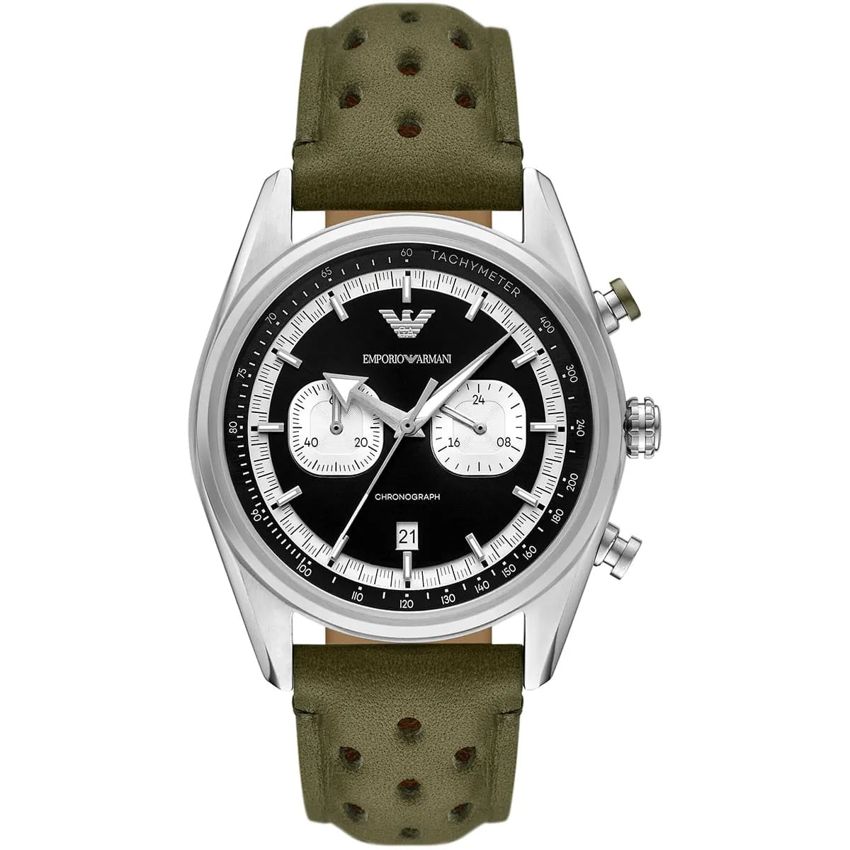 Emporio Armani AR11709 chronograph watch with black dial, white subdials, and green perforated leather strap