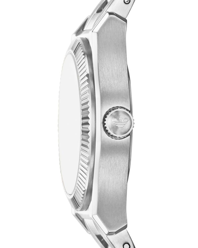 Side profile of AR11717 showing stainless steel case with fluted bezel and Emporio Armani logo