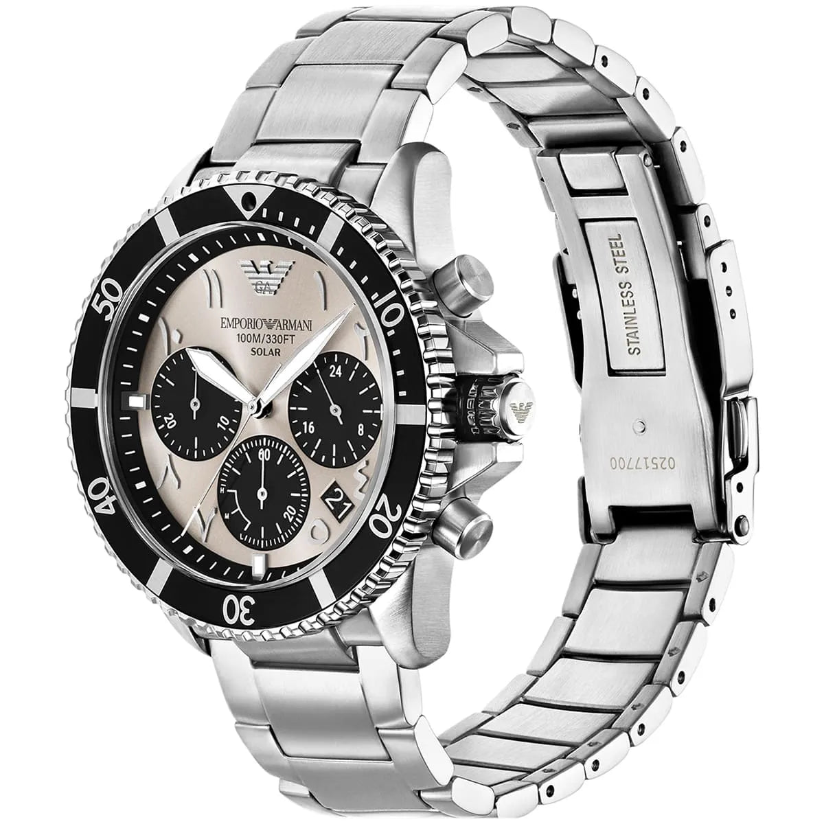 AR11722 Emporio Armani watch angled view showing stainless steel bracelet and black unidirectional bezel