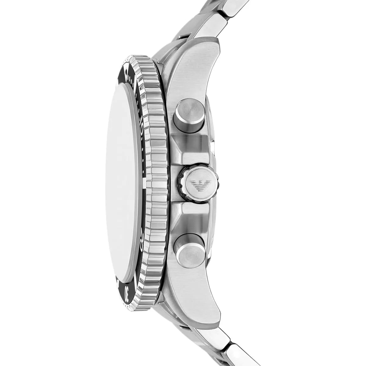 Side profile of AR11722 Emporio Armani World Explorer chronograph showing case thickness and pusher buttons