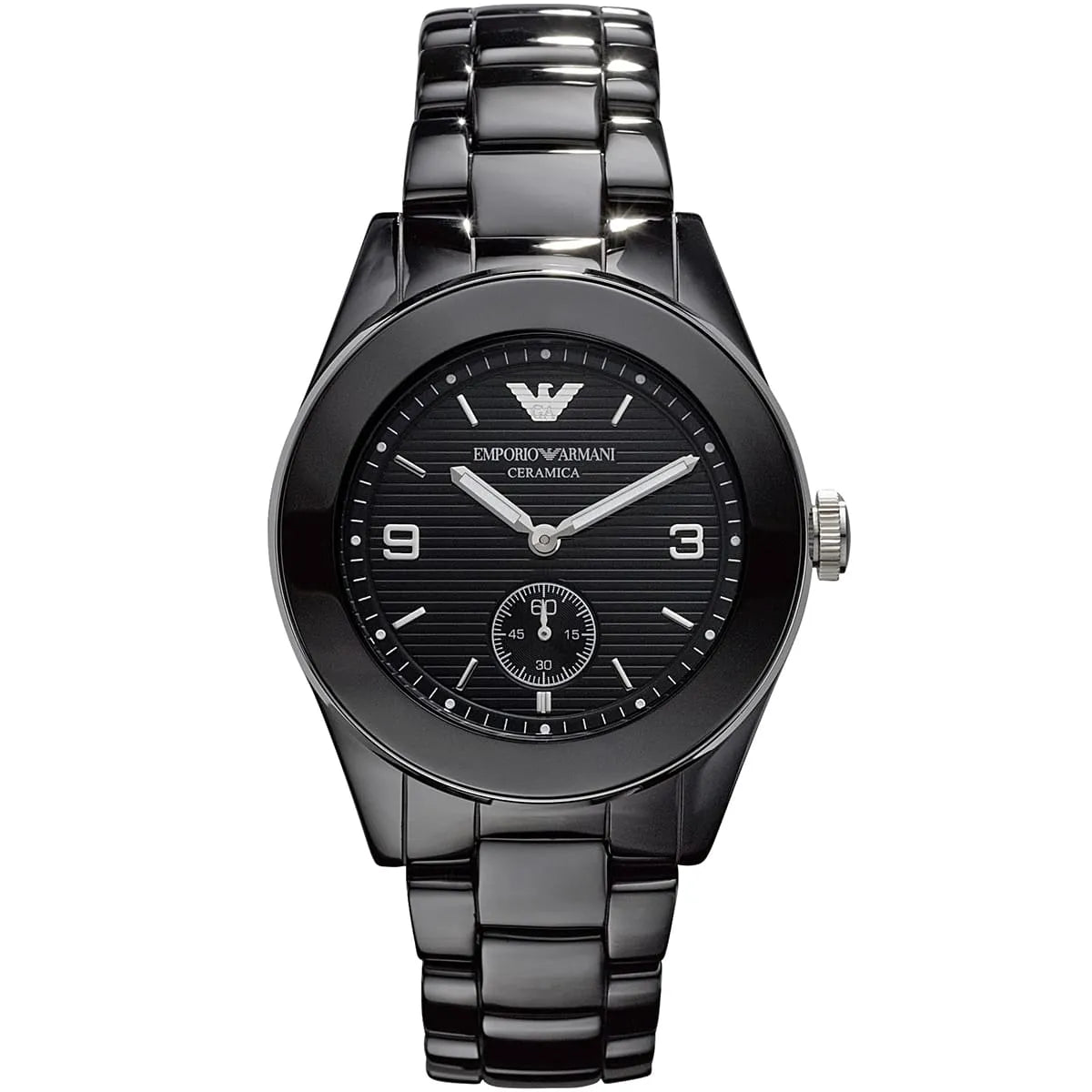 Emporio Armani Ceramica Overseas women's watch with black ceramic case and bracelet, black dial with white hands