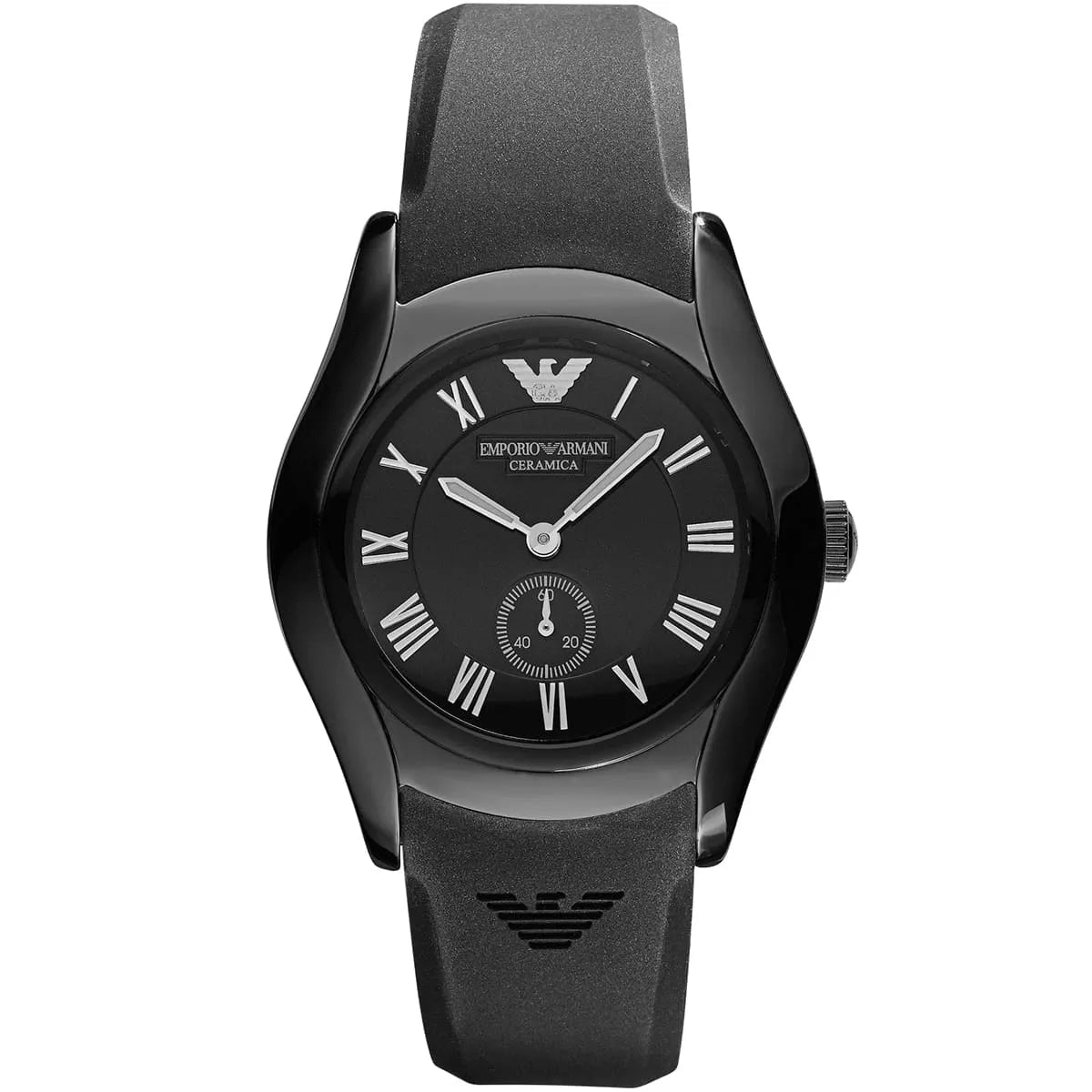 Emporio Armani AR1432 black ceramic women's watch with Roman numeral dial and black polyurethane strap