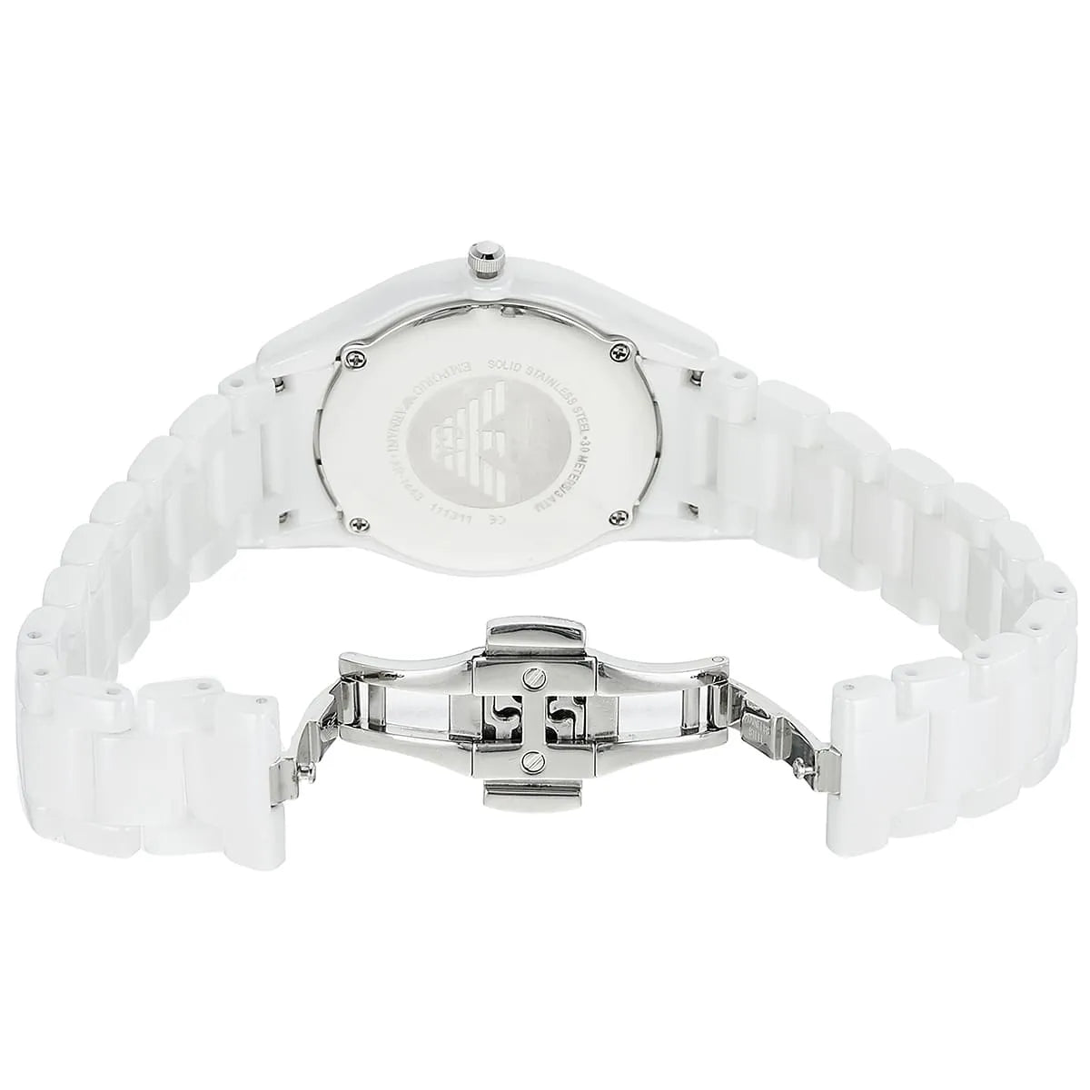Caseback view of AR1443 Emporio Armani ceramic women's watch showing clasp and band