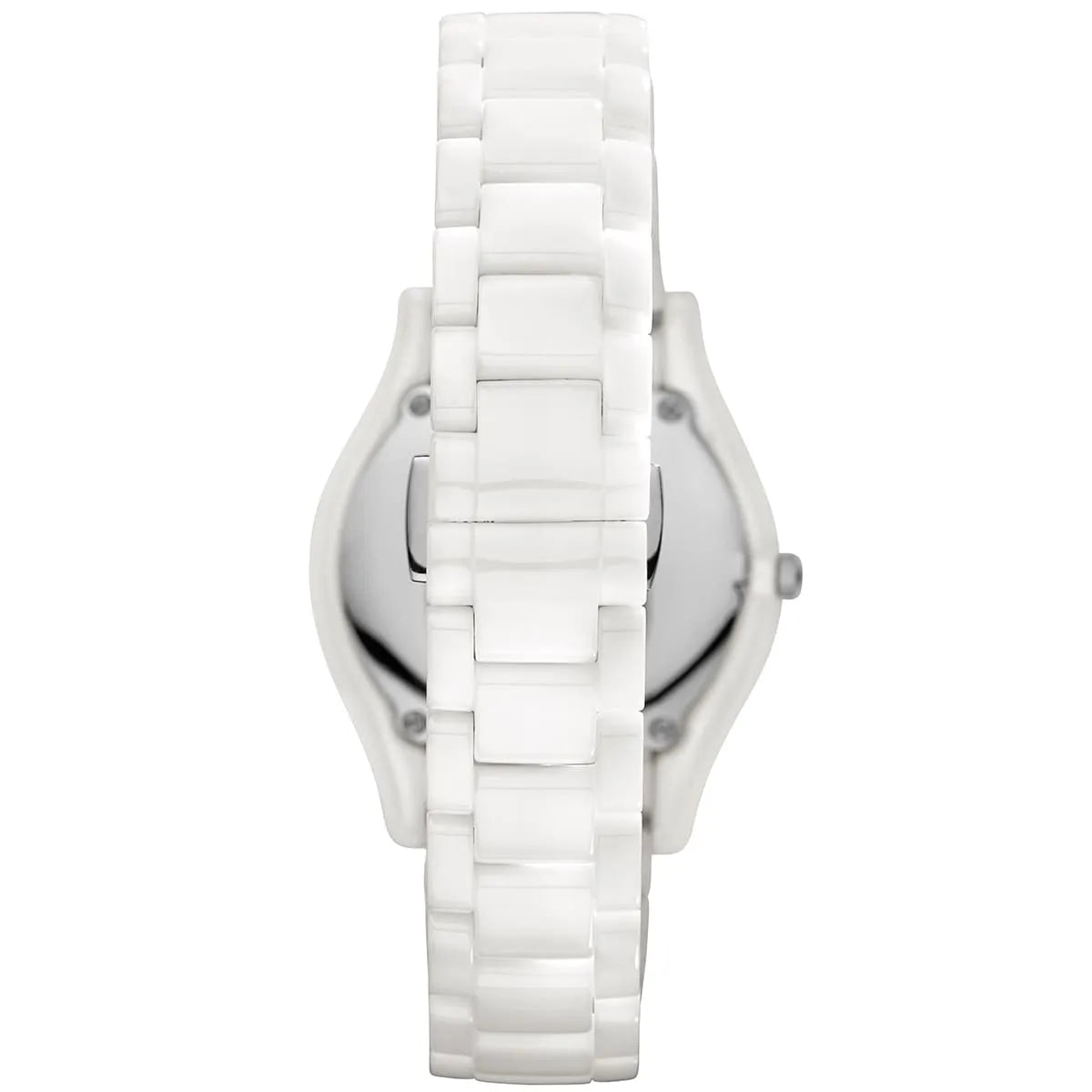 Side view of AR1443 Emporio Armani ceramic watch showing oval case profile and band