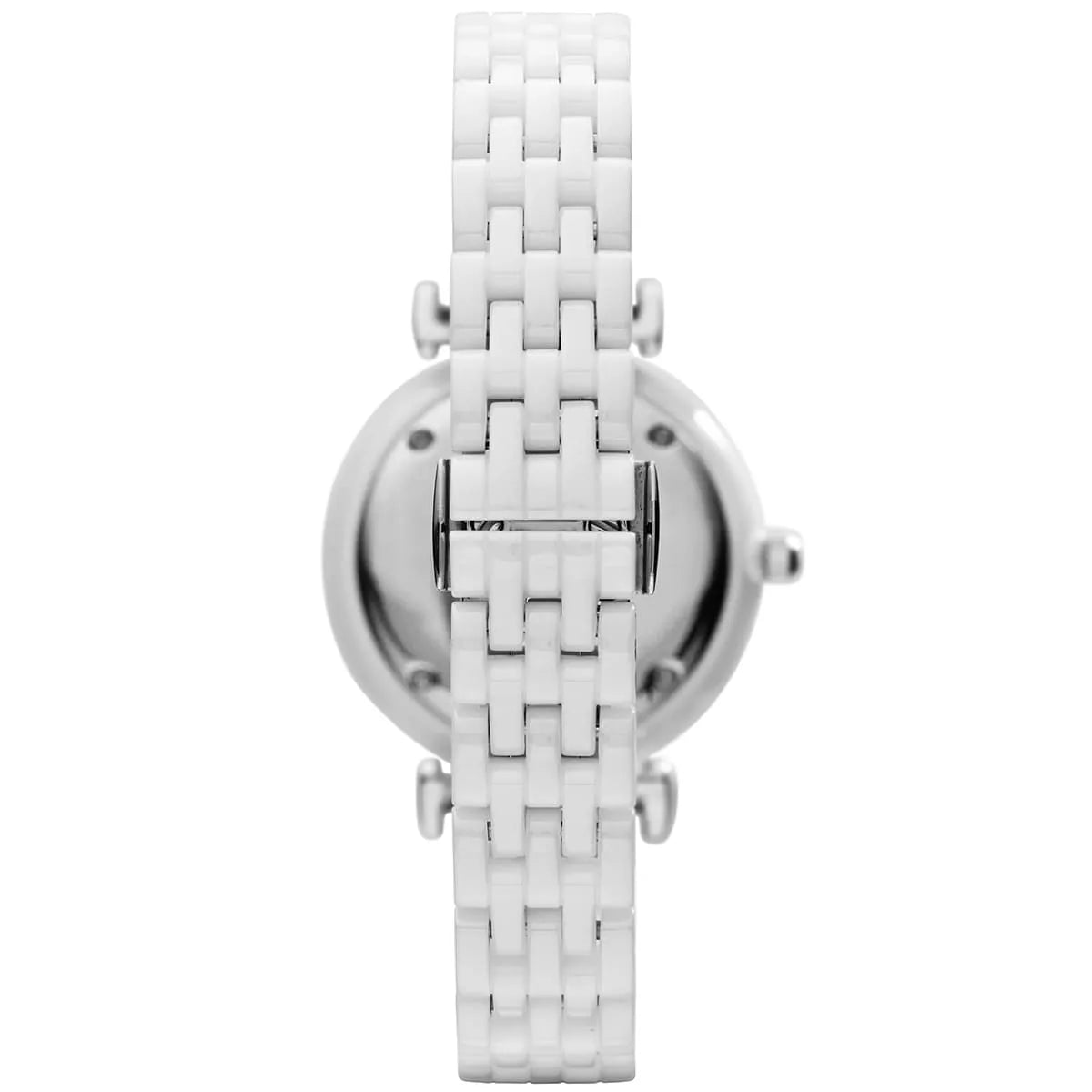 Caseback view of Emporio Armani AR1485 white ceramic women's watch showing ceramic strap attachment