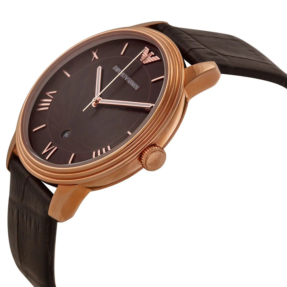Emporio Armani AR1613 angled side view with rose gold case and brown leather band